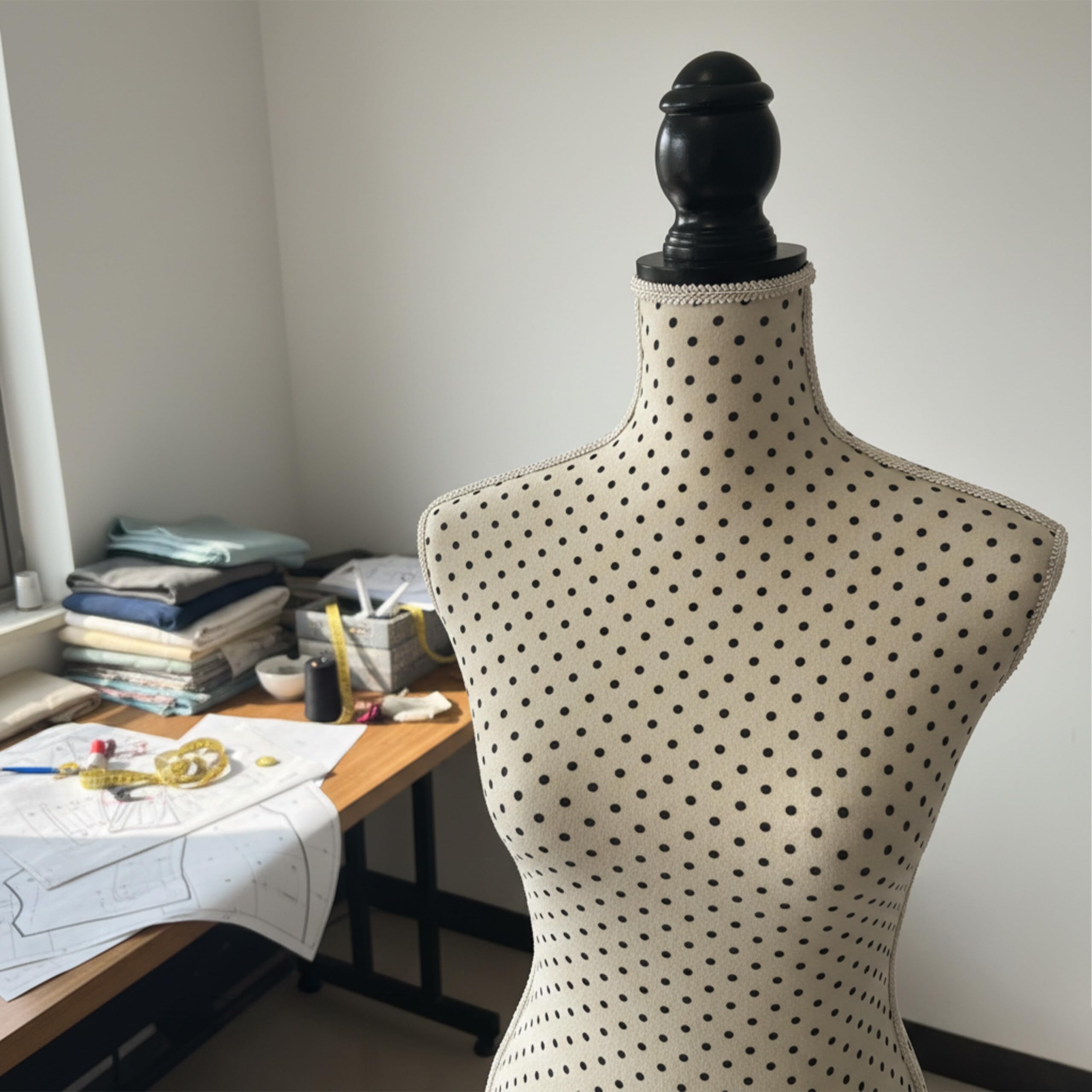 Relaxdays Manichino da sarta, Donna, Taglia 36/38, Regolabile 130–167 cm, a Pois, Base in Legno