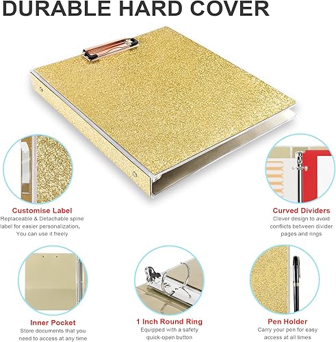 Miniatura 4 de Carpeta de 3 anillos con portapapeles, 1 pulgada, purpurina con 5 separadores de pestañas de color y bolsillos, bonitas carpetas azules para escuela