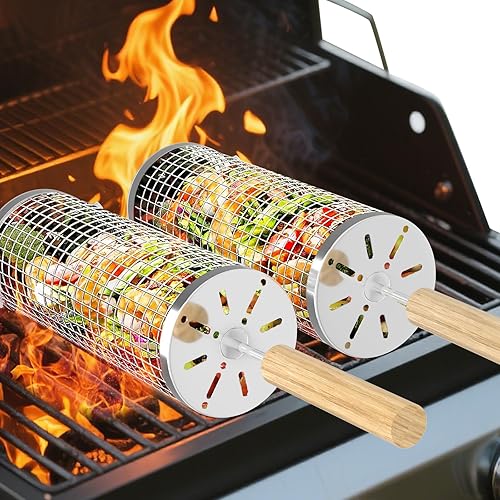 Rolling Grill Basket, Removable Wooden Handle, 304 Stainless Steel, Nesting Grilling Net, BBQ Accessories Tool for Vegetable Shrimp, Outdoor Cooking Camping, Christmas Birthday Gifts for Men Dad Husband