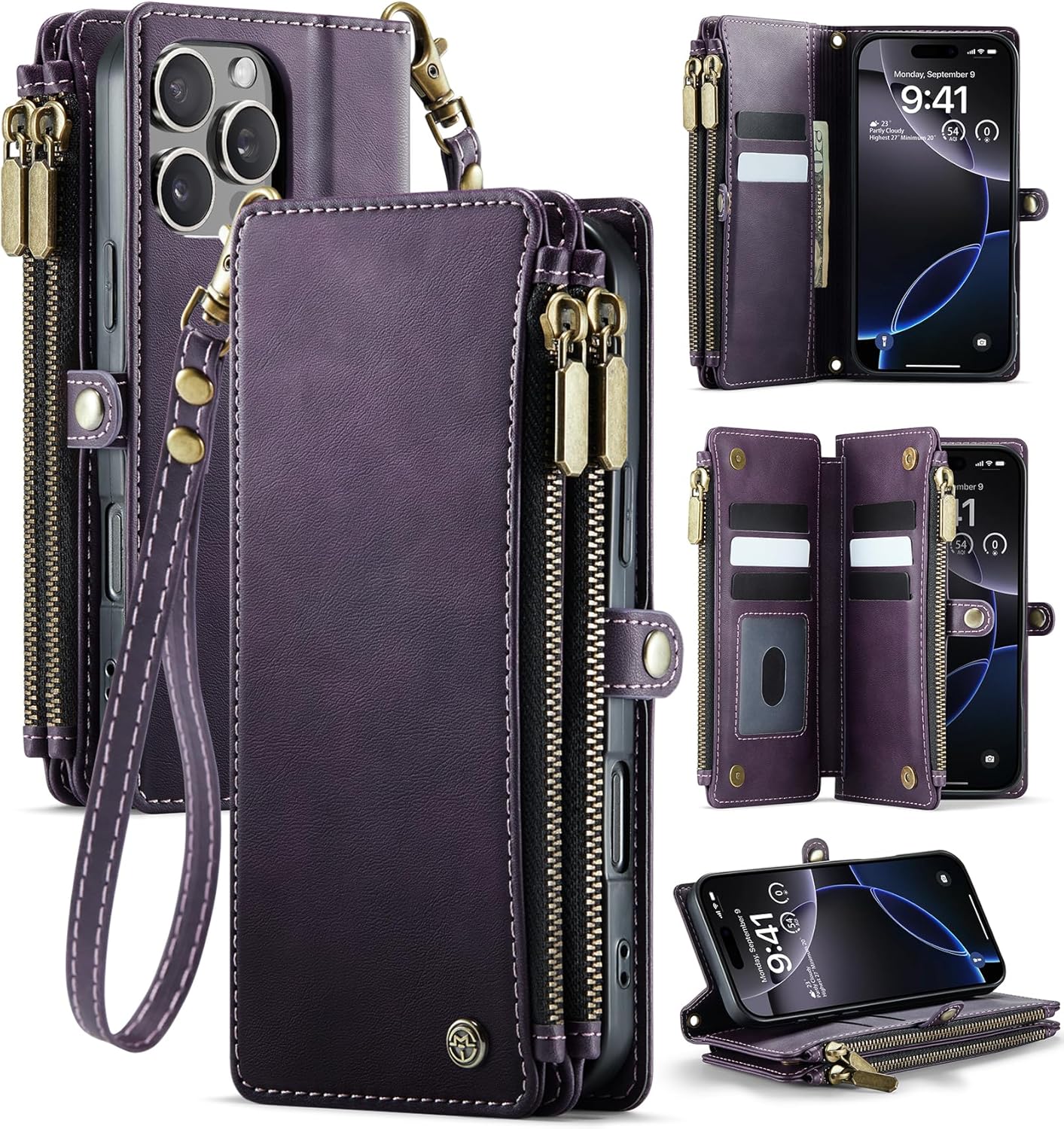 for iPhone 16 Pro Max Case Wallet with RFID Blocking 2-Zipper Pockets & 8-Credit Card Holder Slots & Wrist Strap | Vintage Soft PU Leather Magnetic Snap Flip Protective Phone Cover, Purple