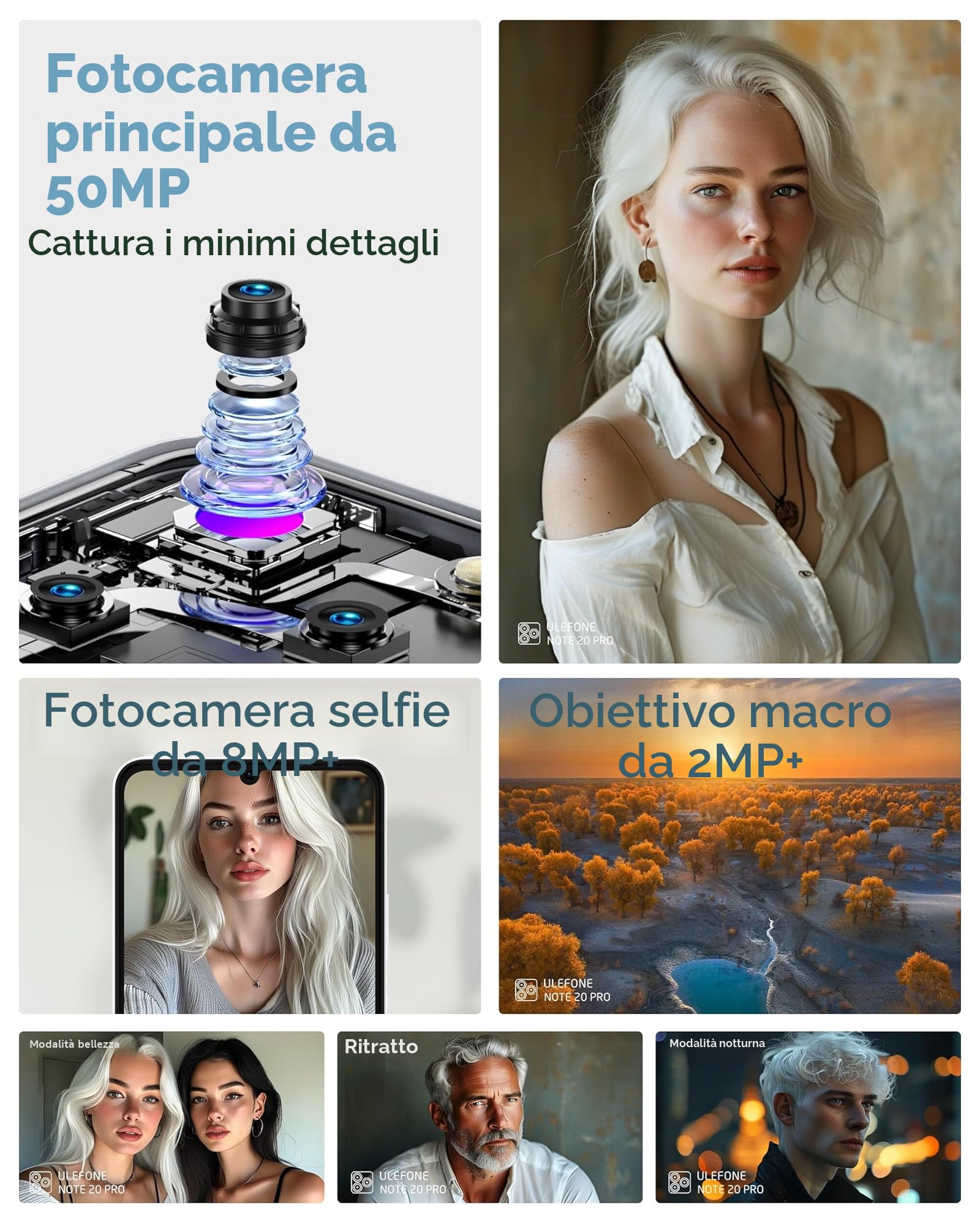Ulefone Note 20 Pro Smartphone, 8GB+128GB/SD-1TB Android 14 Cellulare, 6.75" HD+ Widevine L1, Fotocamera 50MP+8MP Cellulari 6000mAh Batteria, Octa Core Dual SIM GPS/OTG/Face ID/Fingerprint Bianco