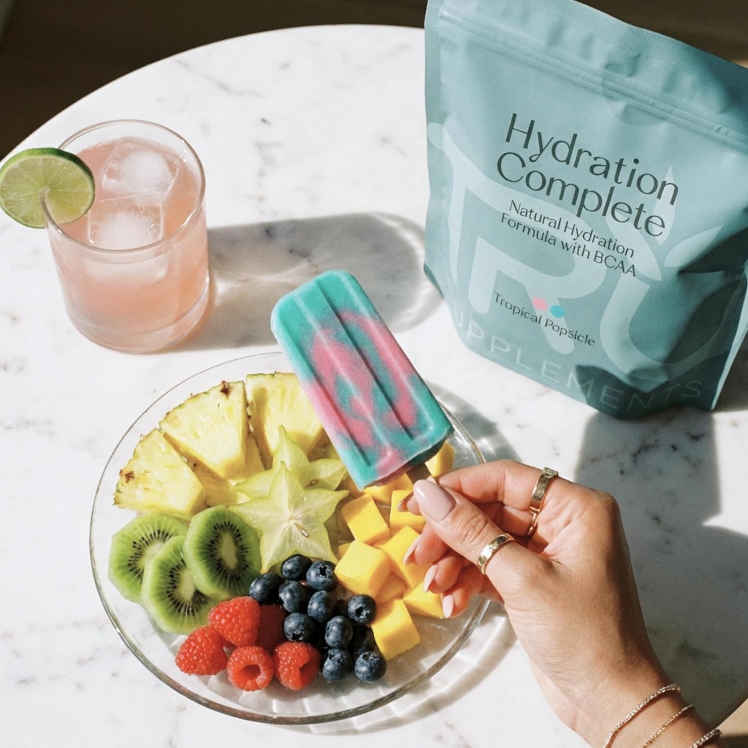 TRU Supplements Hydration Complete BCAA, Plant Based Amino Acids + Pink Himalayan Salt, Electrolytes & L-Carnitine, Vegan, Zero Calories, No Artificial sweeteners, 24 Servings, Tropical Popsicle