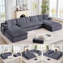 150" Oversized Cloud Boneless Couches for Living Room, U-Shaped Modular Sectional Sofa with Deep Seat, 5 Seater Boneless Couch with Pillows, Corduroy DIY Combination Modular Couch, Dark Gray