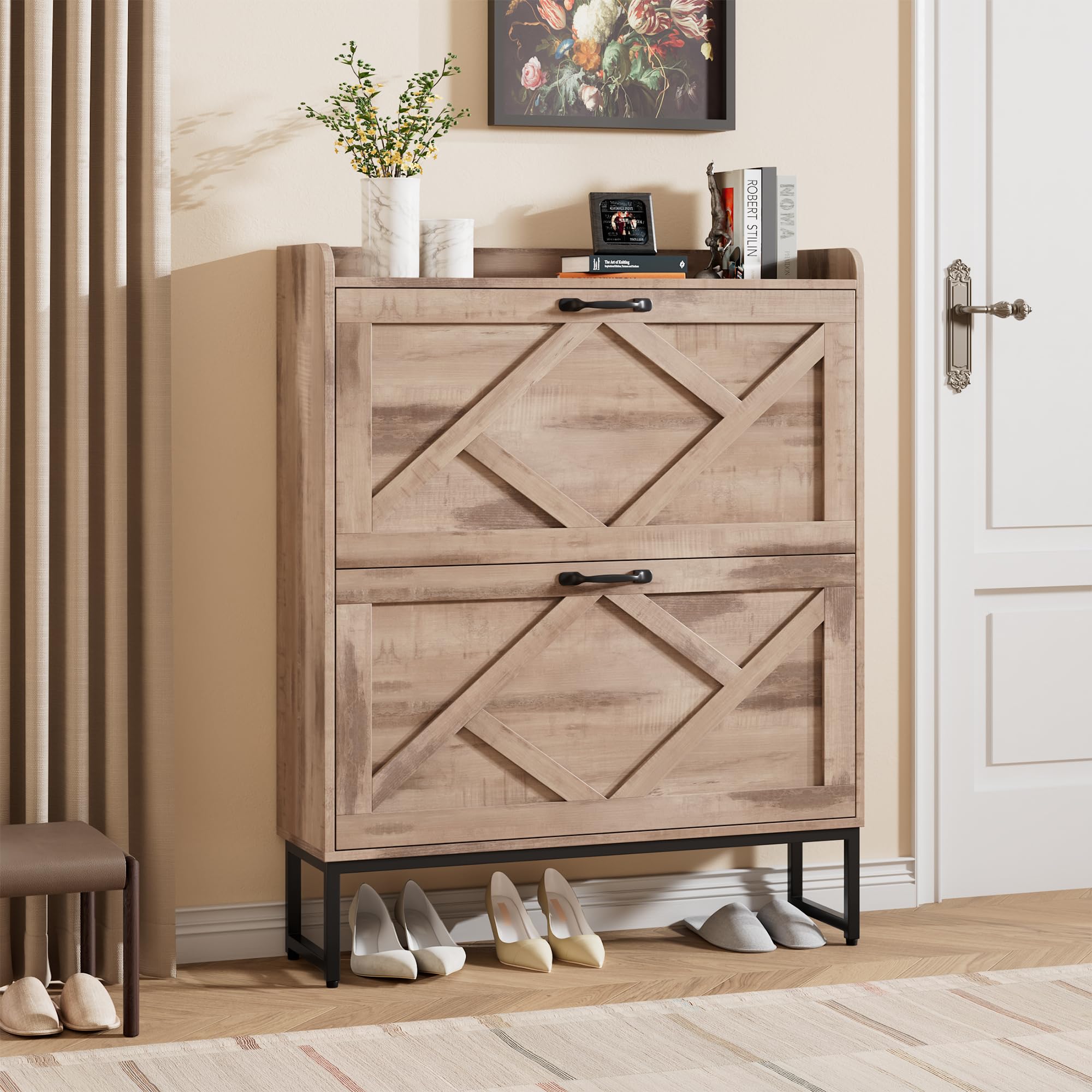 Nicetree Shoe Cabinet with 2 Flip Drawers，Freestanding Shoe Storage Cabinet, Narrow Shoe Organizer Cabinet, Farmhouse Slim Shoe Rack Cabinet for Entryway,Toasted Oak