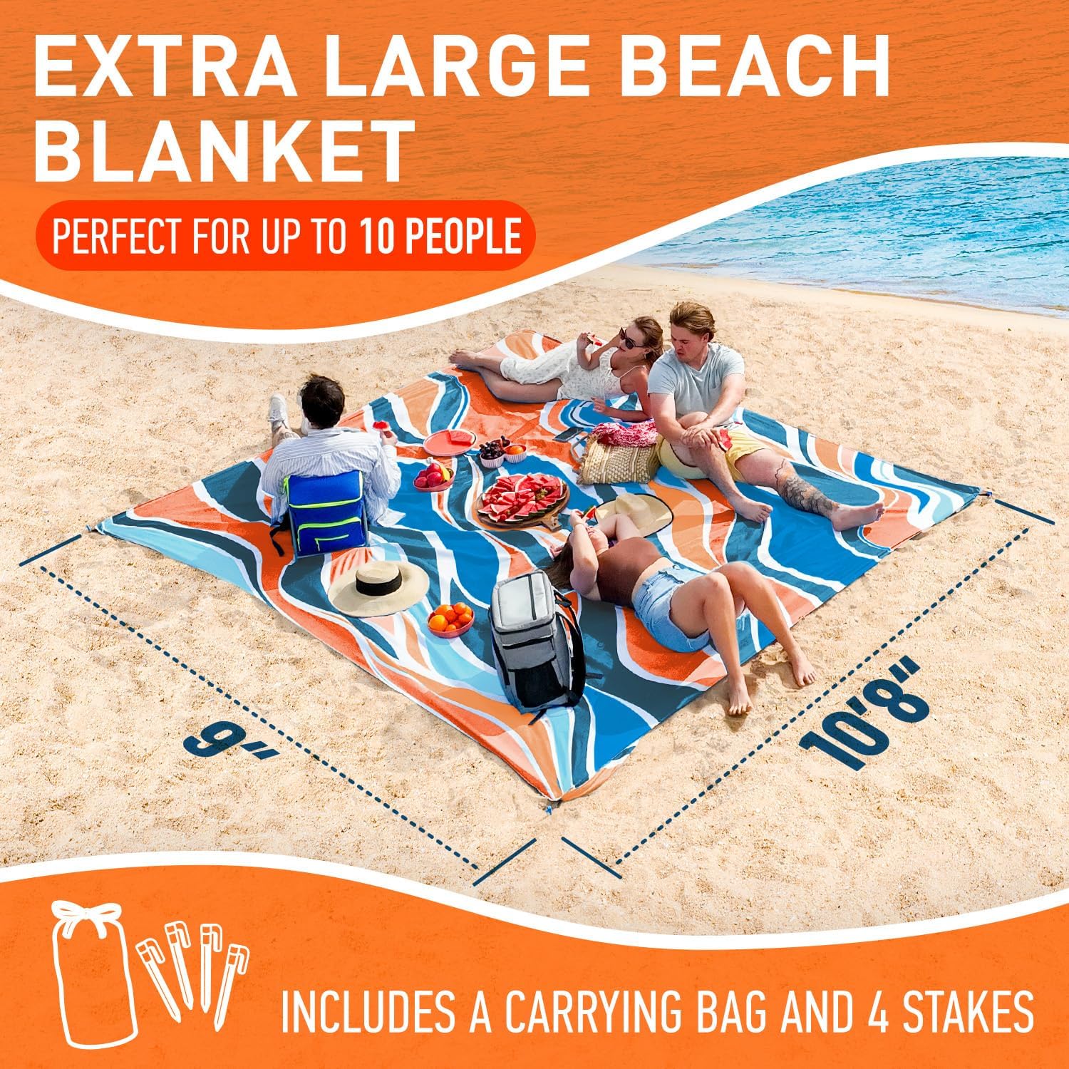 Everlasting Comfort Large Beach Blanket Waterproof & Sandproof - 128” x 108” /10.7ft x 9ft - Lightweight Picnic Mat, Camping Necessities for 10 People - Accessories for Outdoor Festivals - Orange - Image 2
