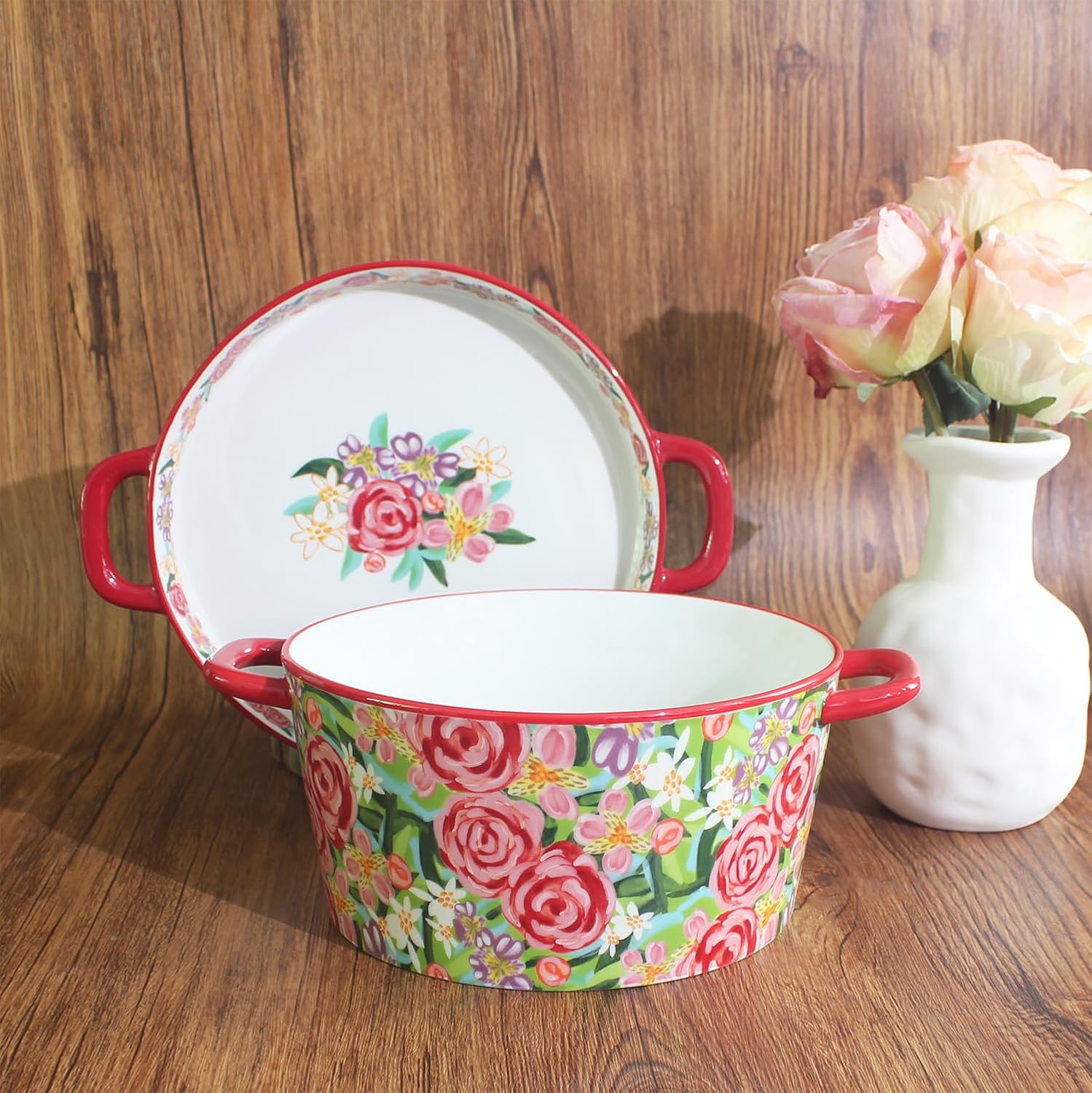 Ceramic saucepan and plate set: Hand-painted floral ceramic saucepan and plate set, double handle design, suitable for restaurants, parties, etc.