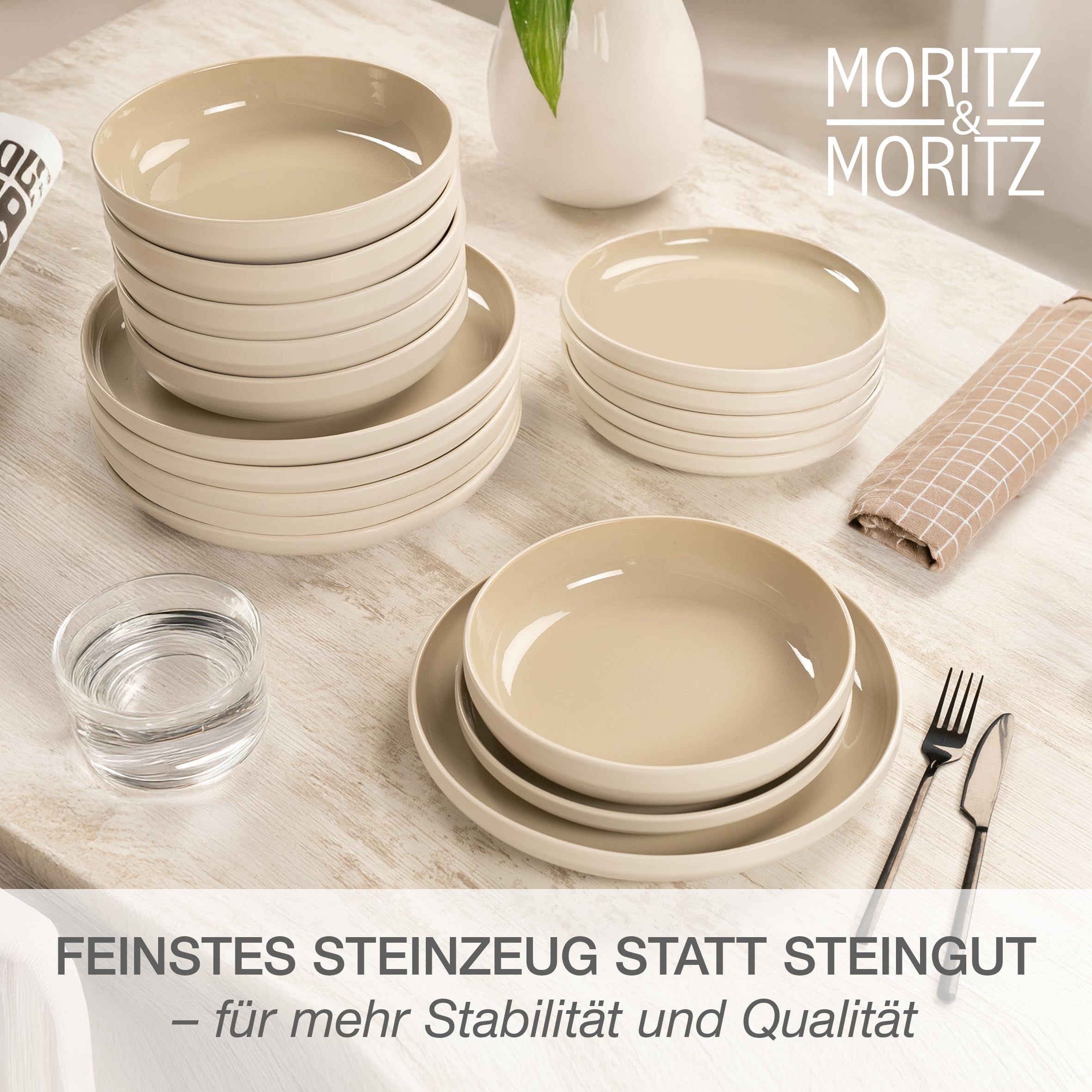 Moritz & Moritz CAVO Steingut Geschirrset 6 Personen 18-tlg. - Modernes Tafelservice in der Farbe Sand - Pflegeleichtes Kombiservice mit Teller Set & Schüsseln - Kaffeeservice