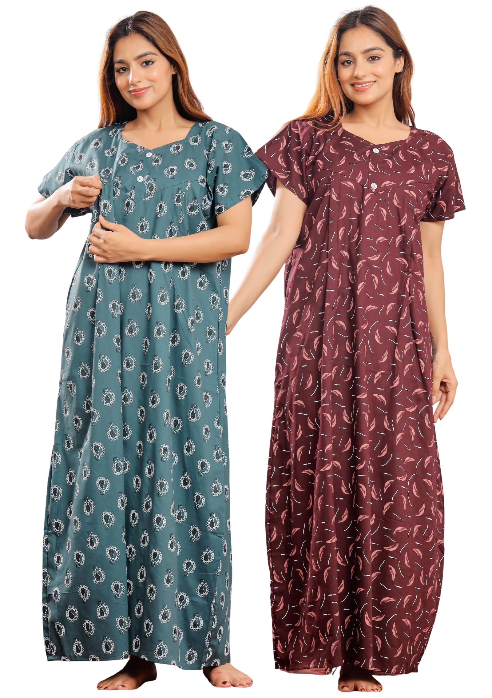 Pure Cotton Feeding Nighty for Women | Maternity Nursing Night Gown with Concealed Zippers | Soft Breathable Pregnancy Night Dress, Feeding Maxi Nighty for Breastfeeding(F-Raj-112&125)-image-11