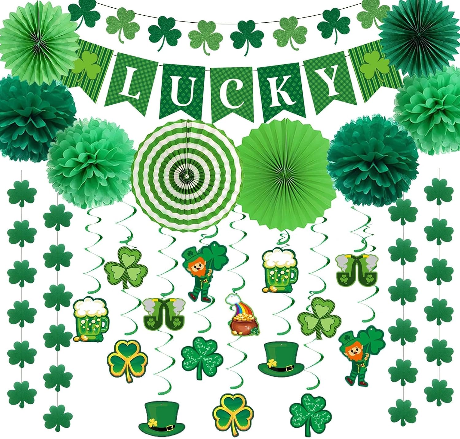 St Patricks Day Decorations Felt Clover Banner Lucky Shamrock Garlands Saint Patrick's Day Bunting Decor Kit Green Irish Themed Celebration Accessories Party Supplies(Style 2)