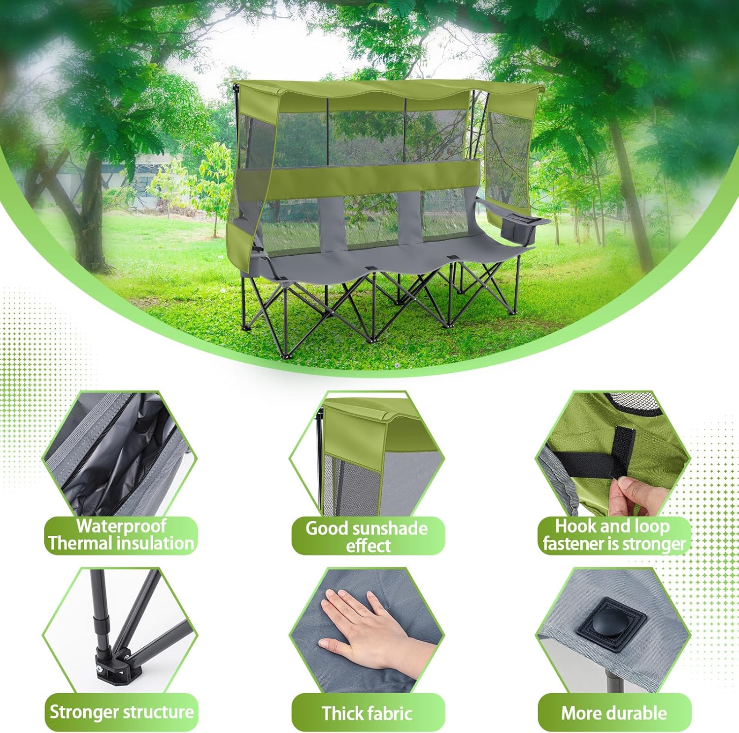 Teenyyou 3 Person Camping Chair with Canopy Shade, Triple Summer Beach Loveseat Sofa Couch with Umbrella Cooler Cup Holders Heavy Duty Folding Mesh Back Oxford for Outdoor Fishing Backyard Travel