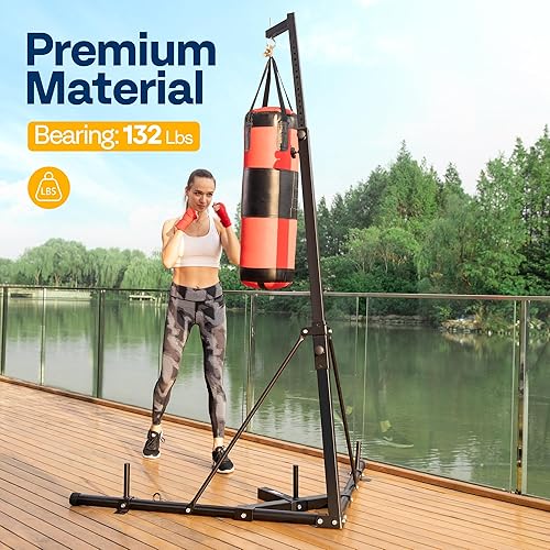 Miniatura 2 de VIVOHOME Soporte para saco de boxeo de alta resistencia, plegable, de altura ajustable, soporte para saco de arena de acero, independiente, hasta