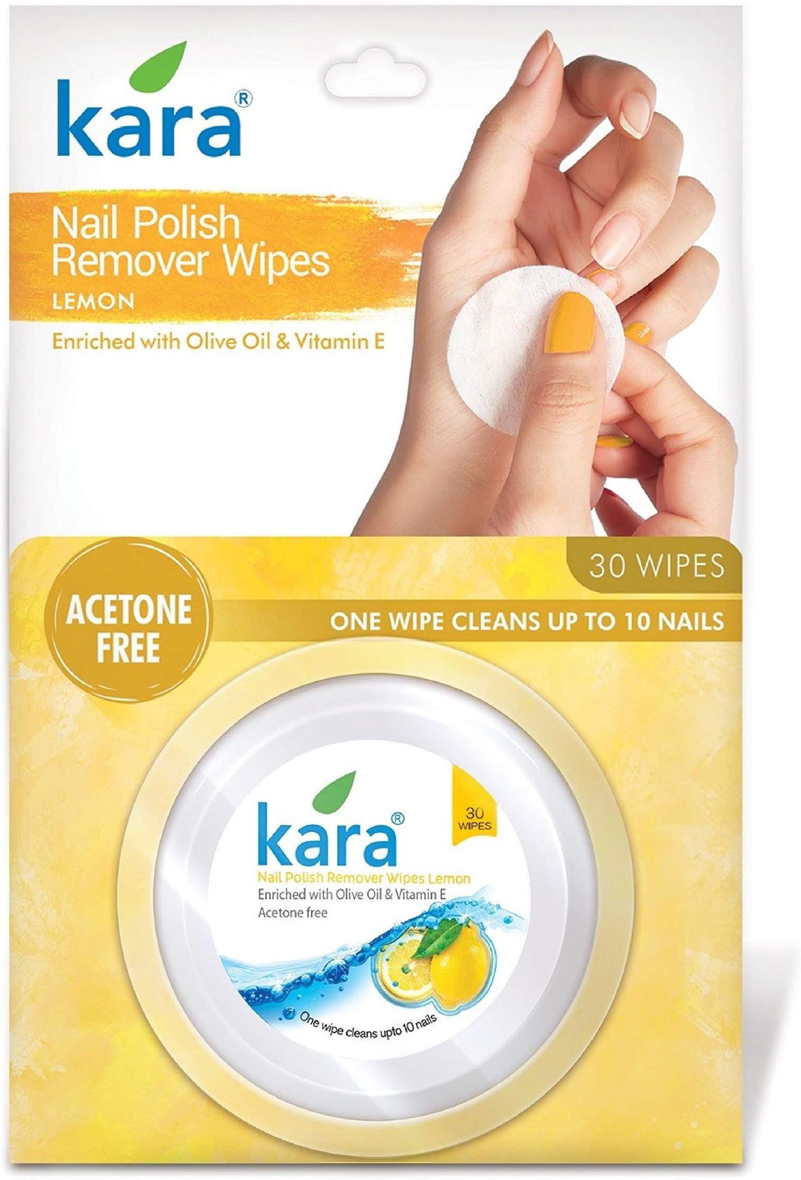 Kara Nail Polish Remover Wipes, Lemon, 30 Pulls