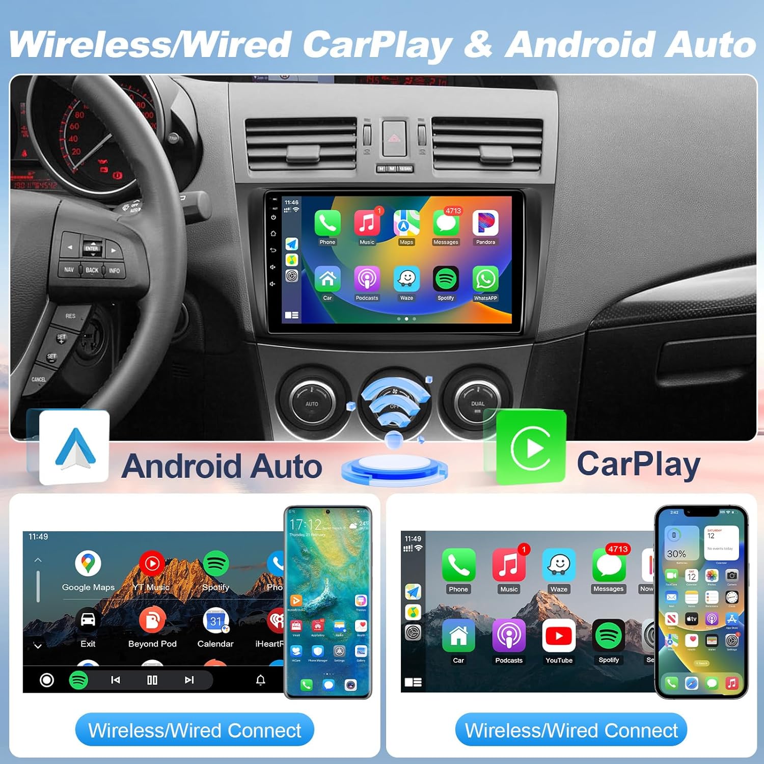 Leadfan Car Radio Stereo for Mazda 3 2009 2010 2011 2012 2013 Stereo Wireless CarPlay/Android Auto/Mirrolink 9 inch Touch Screen for Mazda 3 Head Unit/GPS/Bluetooth/FM/AHD Camera/Mic