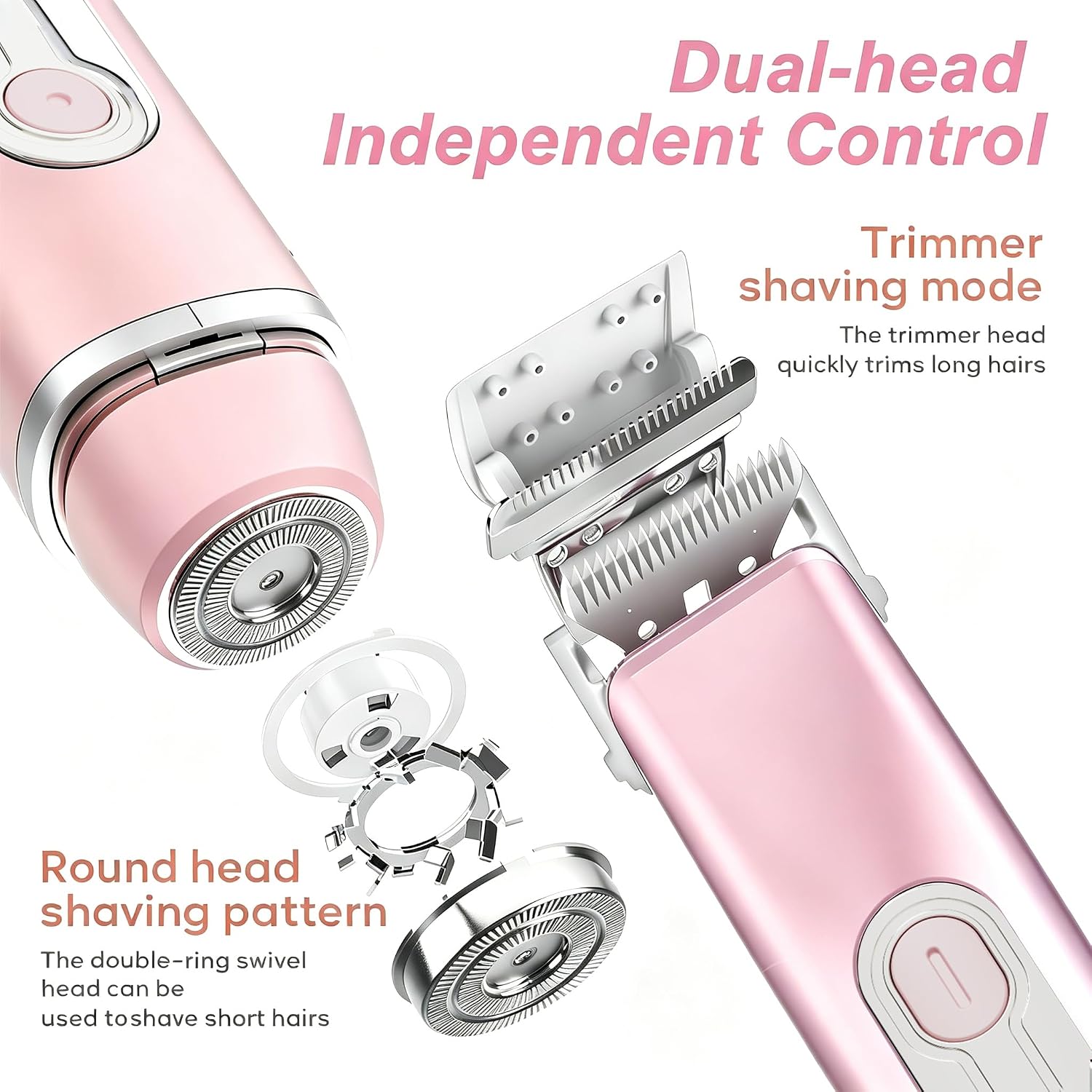 Bikini Trimmer for Women, Waterproof Electric Razors for Women with Dual Head Design,Painless Bikini Shaver & Womens Electric Razor for Face & Body, Cordless Rechargeable,Pink