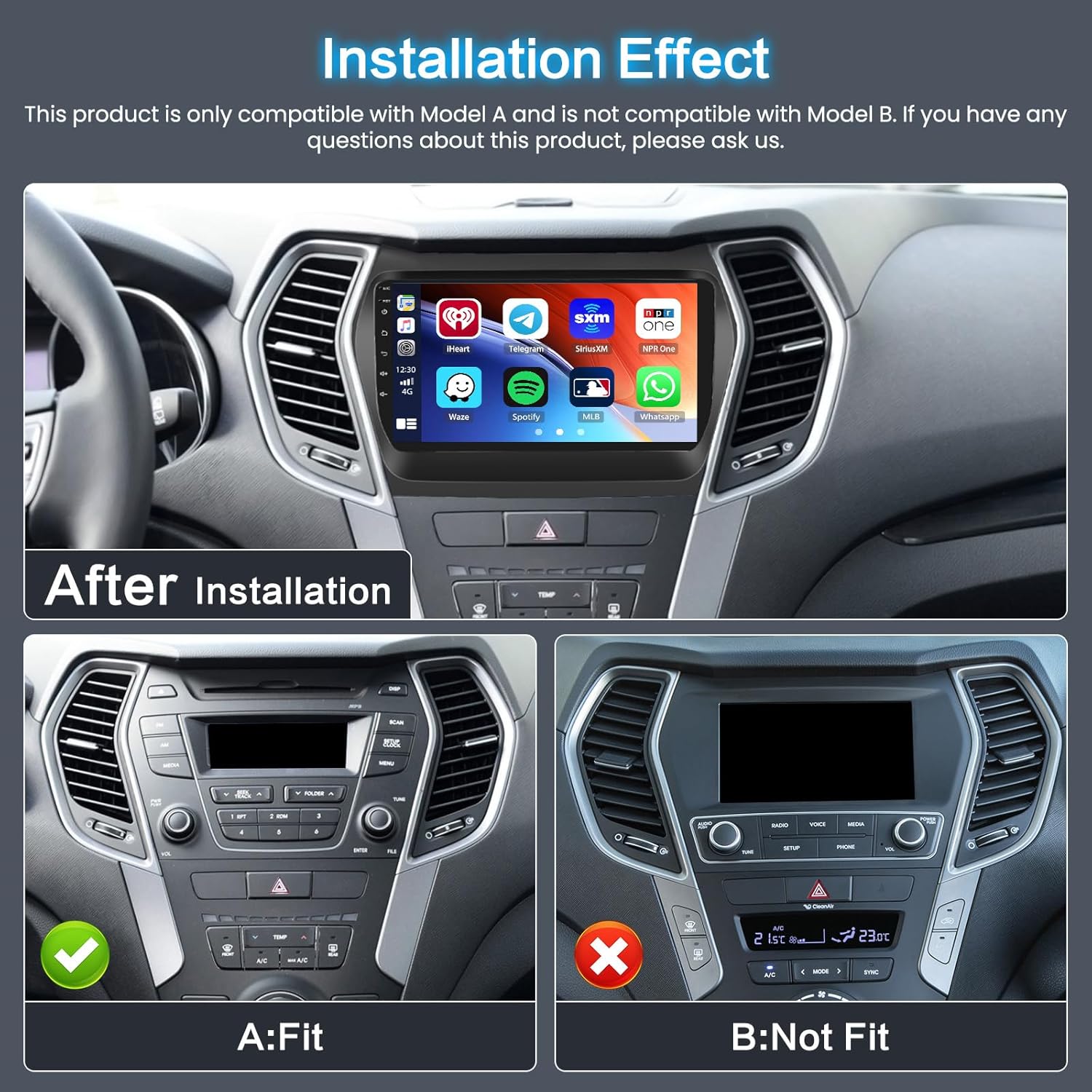 Inefala Android Car Radio installed in a Hyundai Santa Fe dashboard