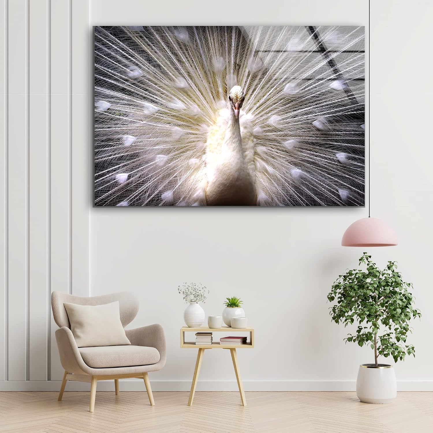 Myphotostation White Peacock Wall Art Tempered Glass Wall Art 30x35.5'' Feather Wall Art Modern Decor Glass Printing Large Wall Art Tempered Glass Panel Peacock Wall Decor Bird Wall Art image 5