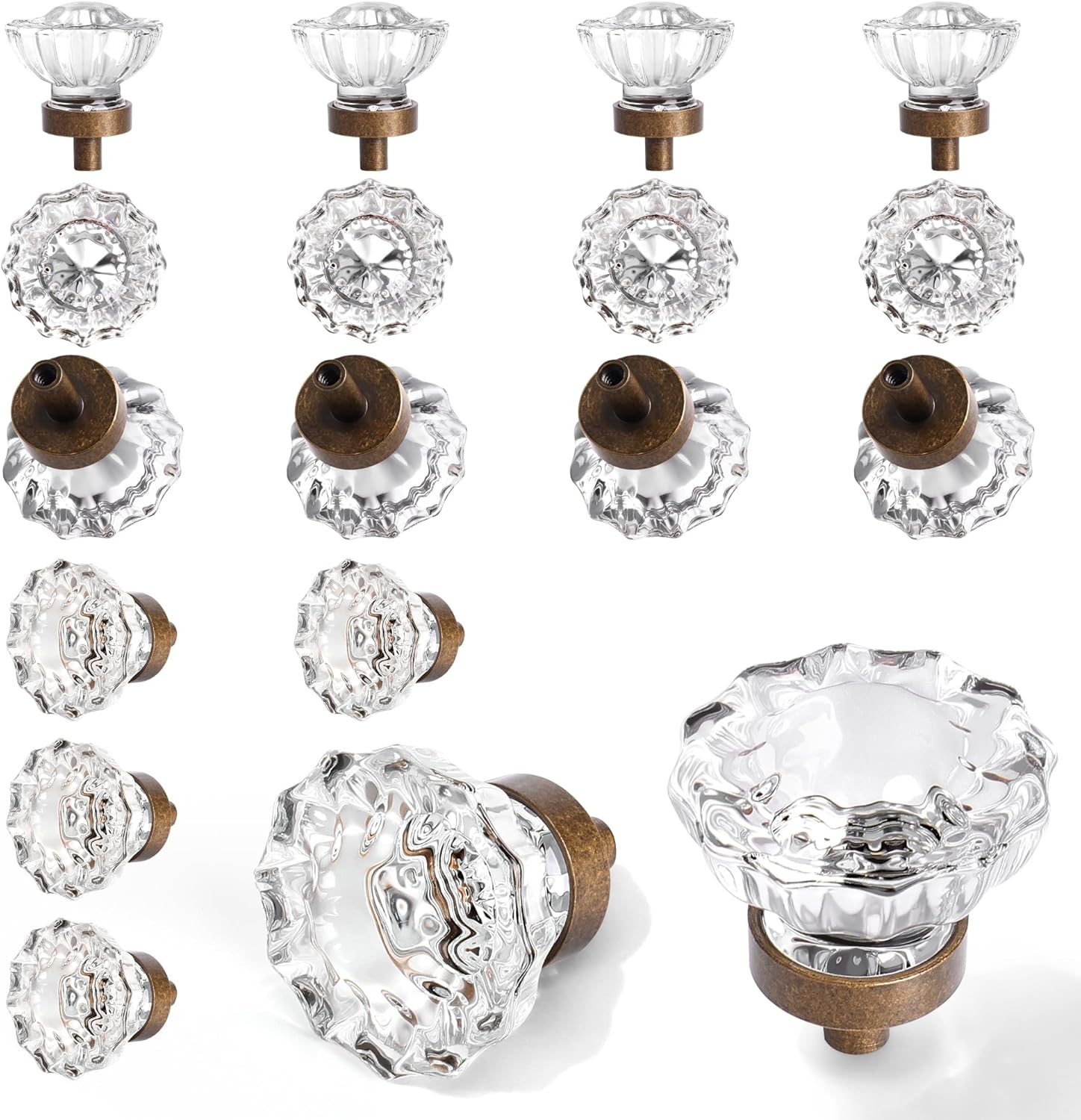 Vintage Cabinet Knobs Crystal Cabinets Knob 16 Pack, Antique Brass Bronze Small Pull, Clear Crystal Closet Dresser Drawers Cupboard Wardrobe Old Fashioned Handle, Retro Pulls Two Installation Methods