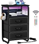runjuly Side Table with Drawers, Night Stand with Charging Station, AC Outlets & USB C Ports, End Table with Storage, Night Tables with Hooks, Bedside Nightstand for Office, Bedroom, Dorm Greige