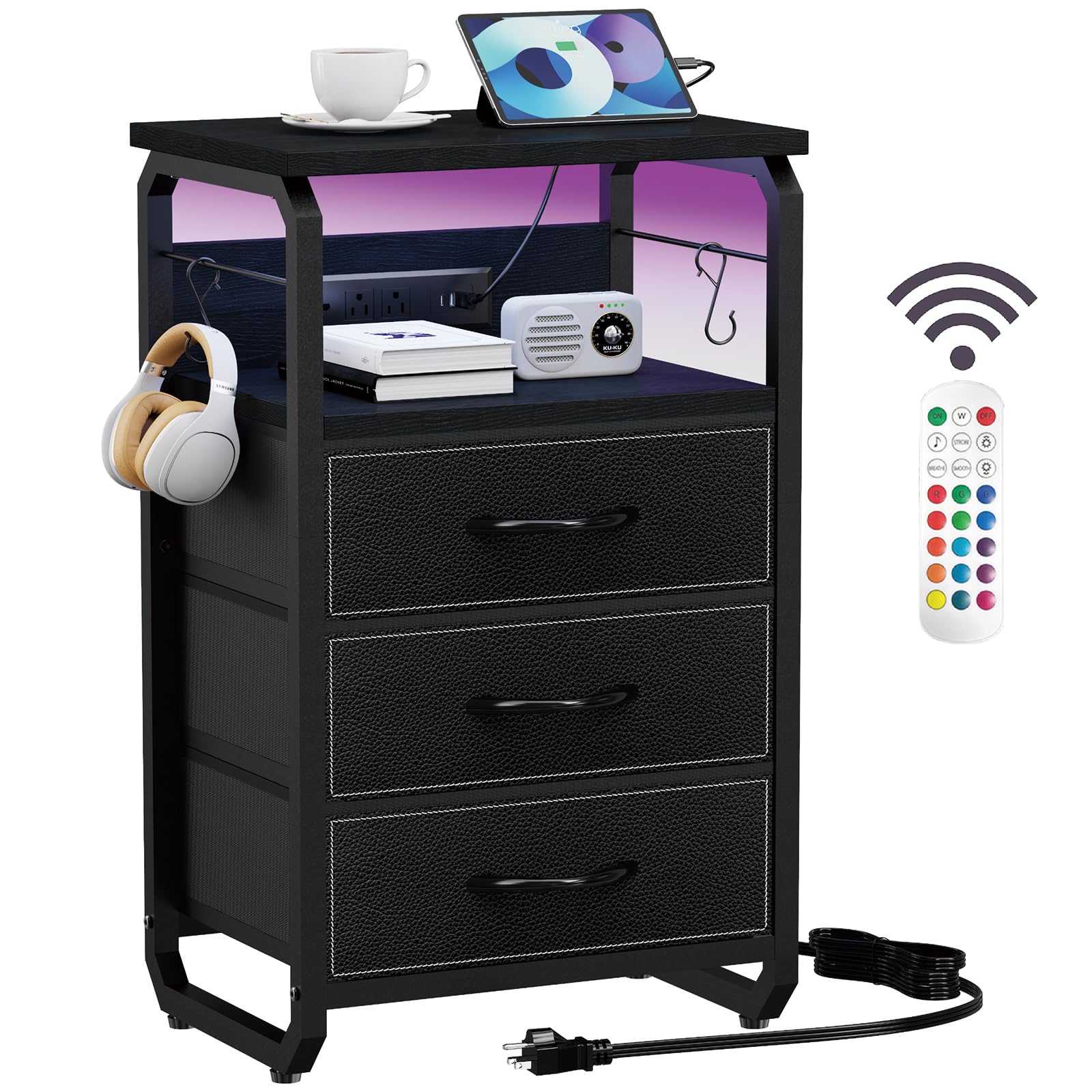 runjuly End Table with LED Light, Charging Station and Hooks, Modern Black