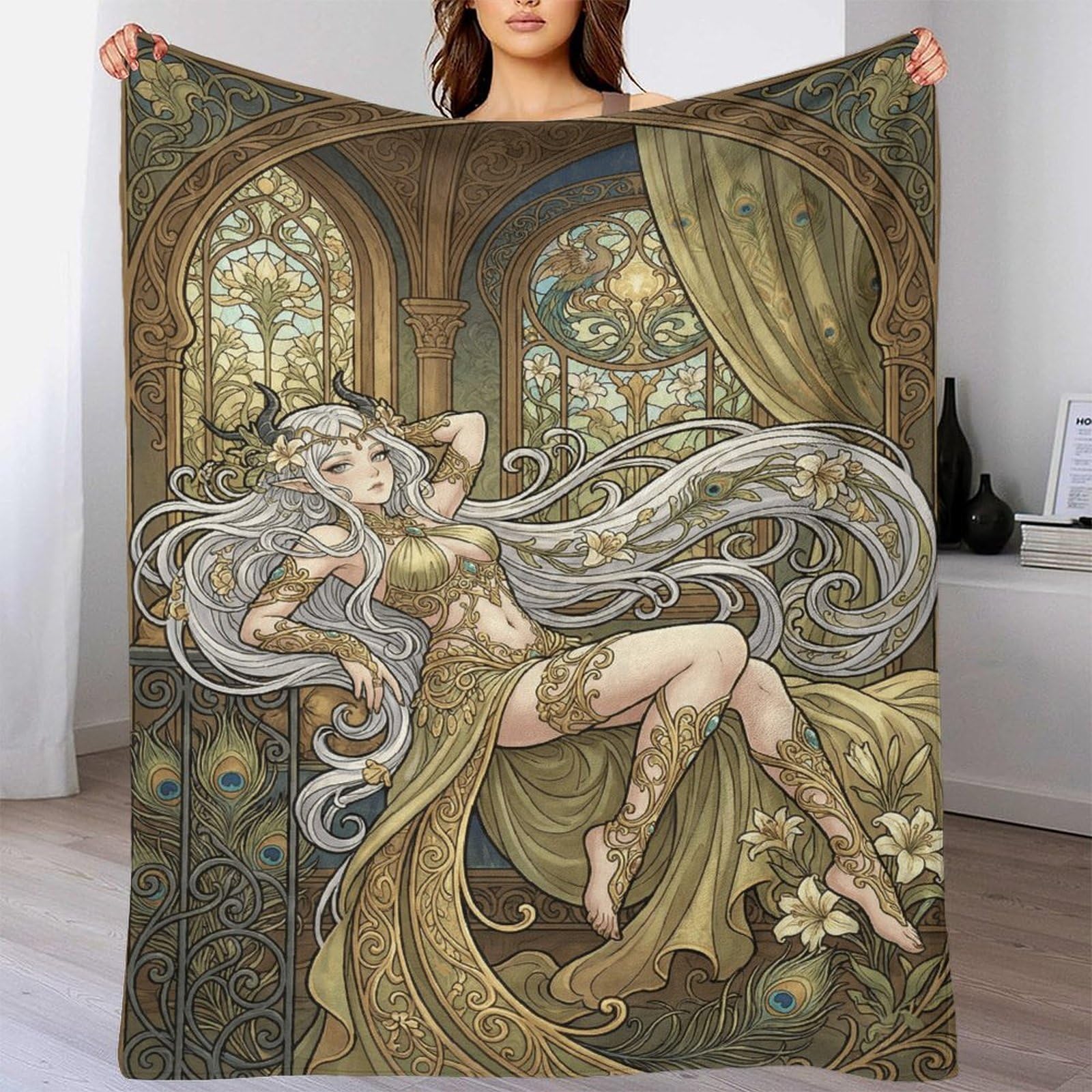 W7C8U2X3 Art Nouveau Mucha Anime Flannel Throw Blanket, Bedroom Sofa Couch