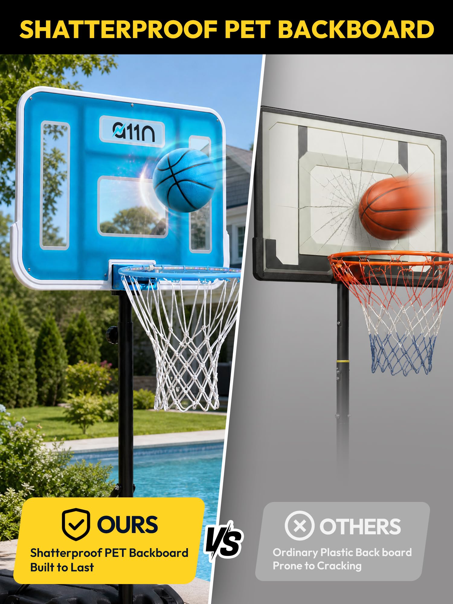 A11N Sports Pool-Basketballkorb mit 41,9 cm LED-Rand, verstellbare Höhe, PET-Rückwand, stabiler Boden, Ball und Pumpe im Lieferumfang enthalten – Wasser-Basketballspiel für Pool-Spielen