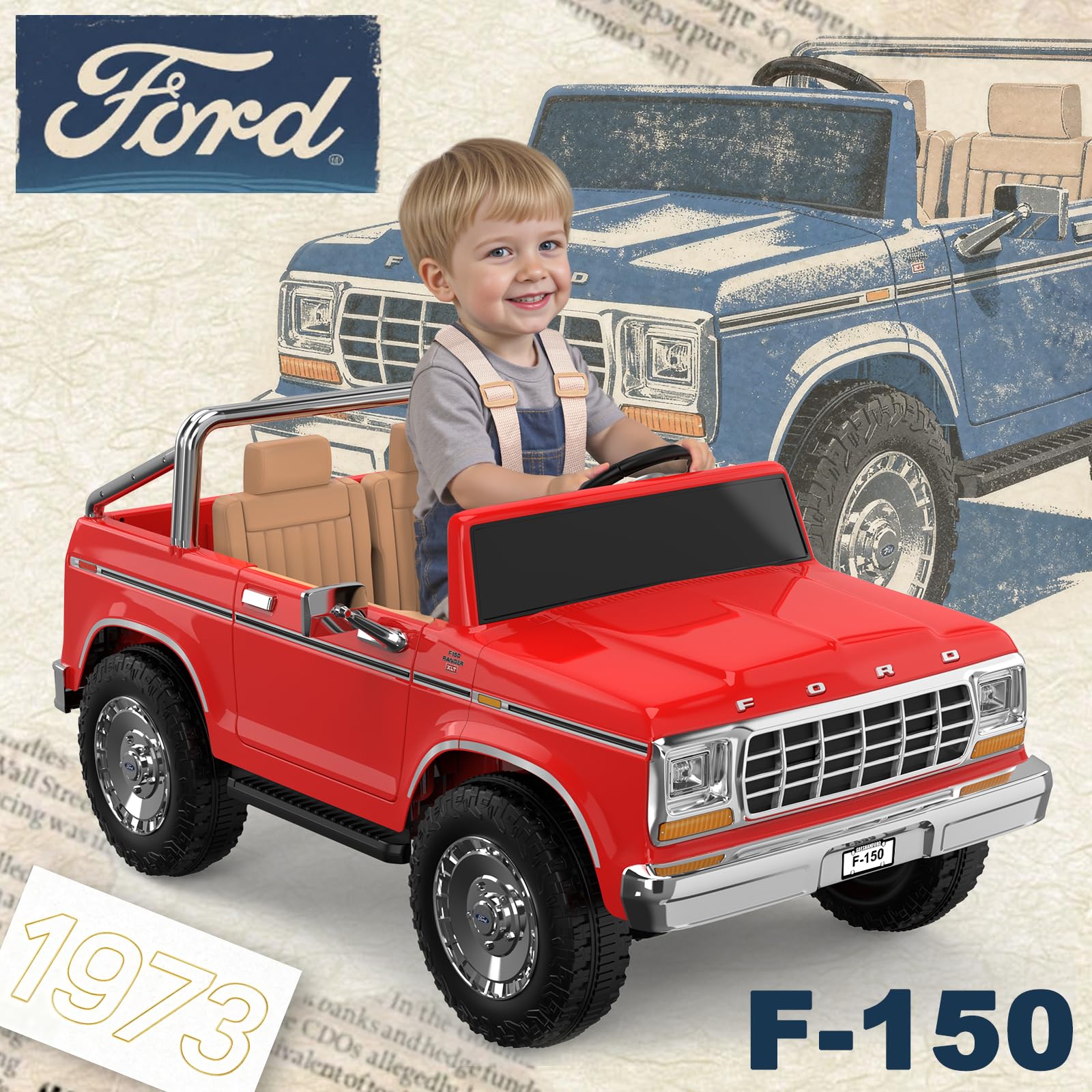 ANPABO Licensed Ford F-150 24V 2 Seater Ride on Car for Kids, 4x100W Motors Electric Car for Boys & Girls with Remote Control, Retro Style, 3-Speeds, Large Storage Box, Music Player, Aged 3-8, Red - 3