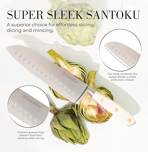 Miniatura 7 de Styled Settings Juego de cuchillos blancos con bloque y afilador, 14 cuchillos de acero inoxidable de alto carbono ultra afilados con asas blancas