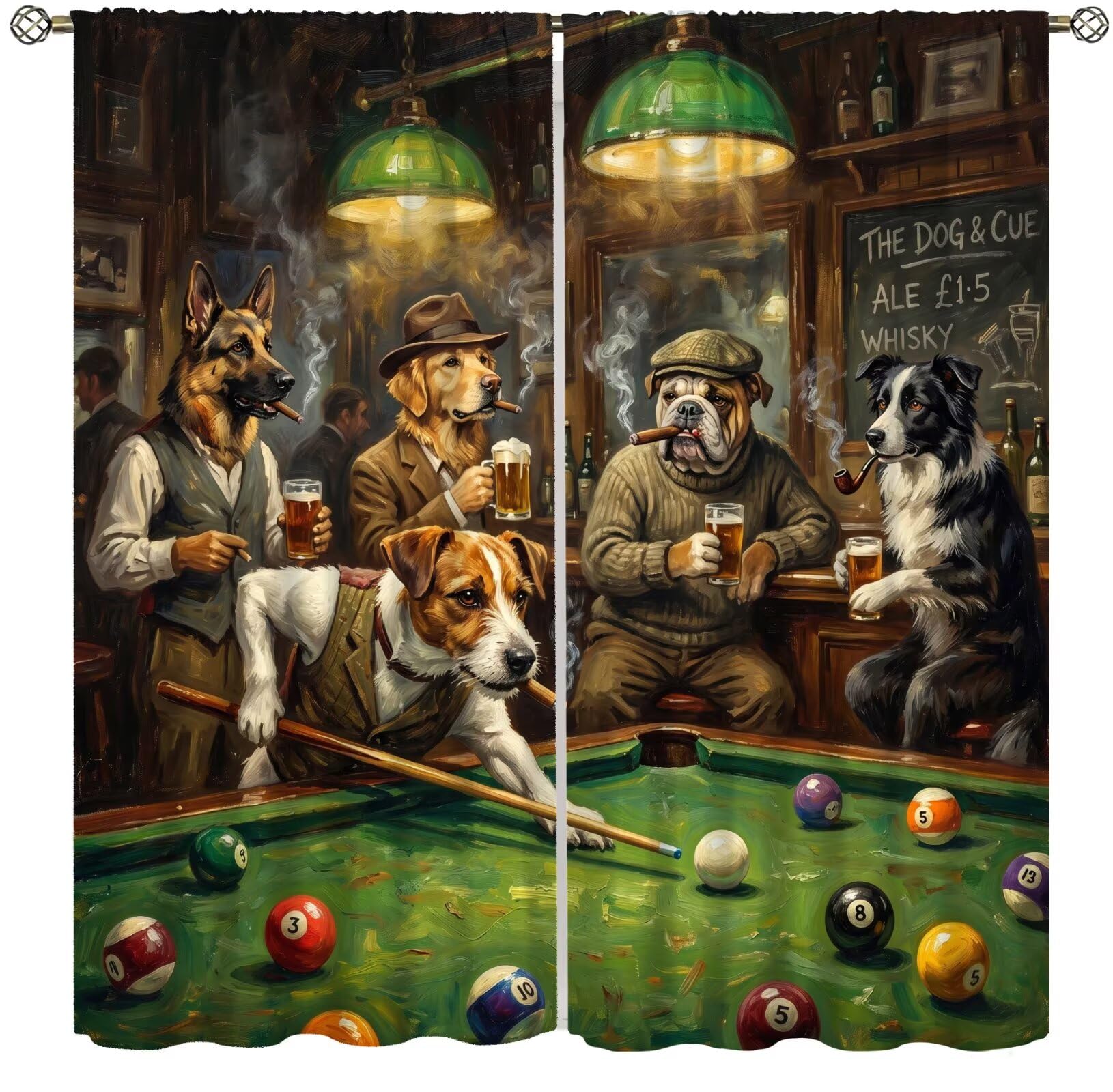 PHTAYOT Dogs Playing Pool Decor Curtains,Vintage Pub Billiards Animal Theme Rod Pocket Window Drapes for Game Room Man Cave,42x45 Inch,2 Panels