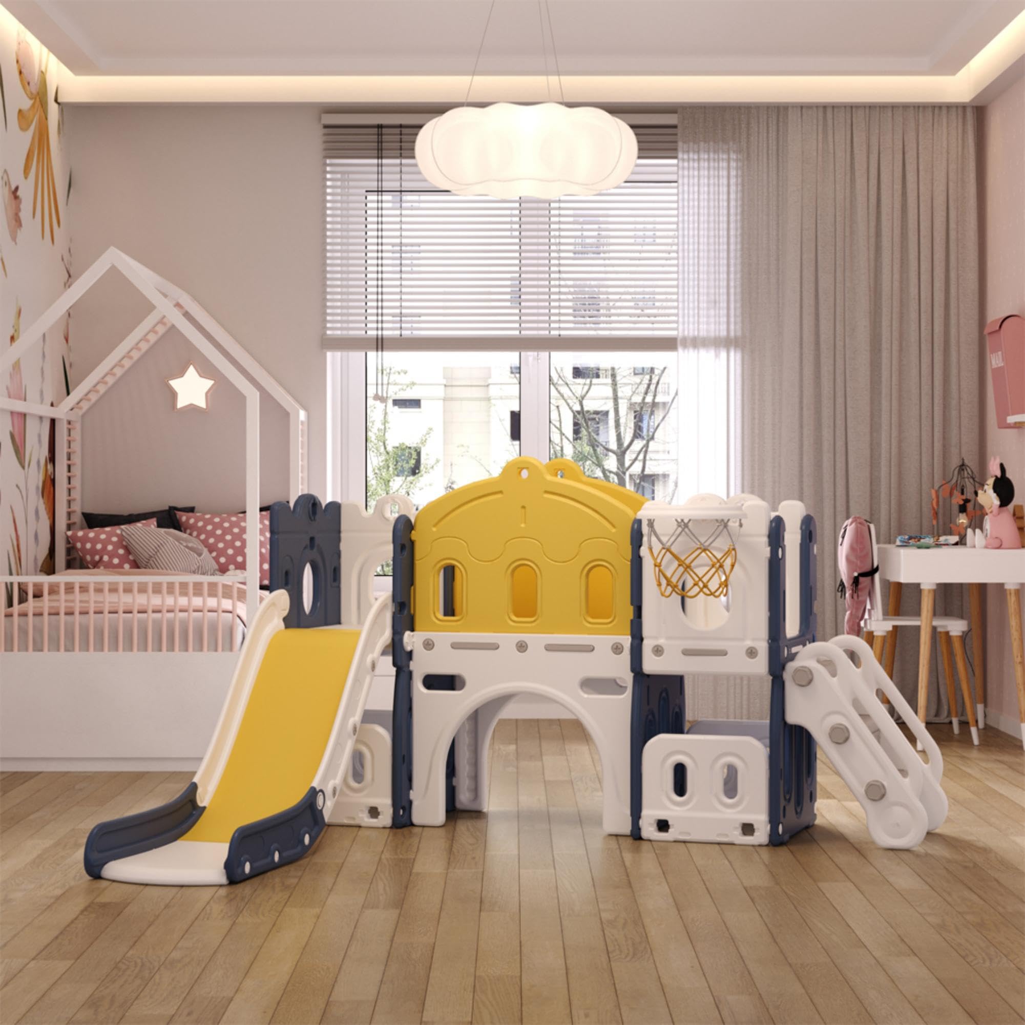FUKEA 6-in-1 Kids Slide, Outdoor & Indoor Toddler Castle Slide Climbing Frame with Storage Box, Garden Slide Playground for Toddlers age 1-3, Birthday for Kids(Grey-Blue-Yellow) — image 1