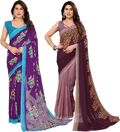 KASHVI SAREES Women's Printed Georgette Saree With Unstitched Blouse Piece (Pack Of 2) -P2_1813_7_1108_3