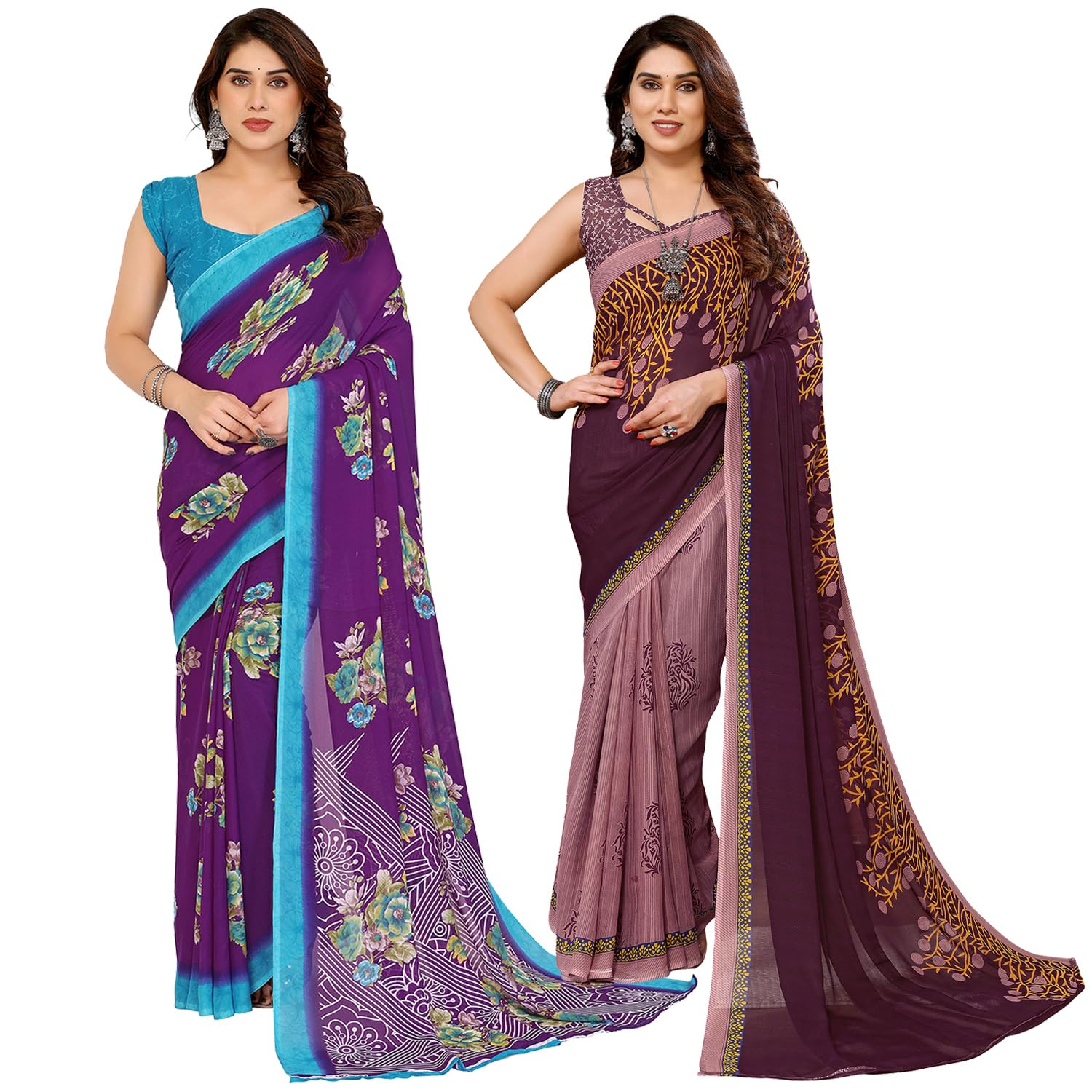 KASHVI SAREES Women's Printed Georgette Saree With Unstitched Blouse Piece (Pack Of 2) -P2_1813_7_1108_3 - Review, Price and Buying Guide