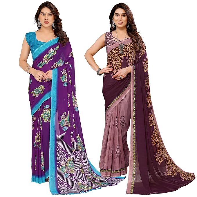 KASHVI SAREES Women's Printed Georgette Saree With Unstitched Blouse Piece (Pack Of 2) -P2_1813_7_1108_3