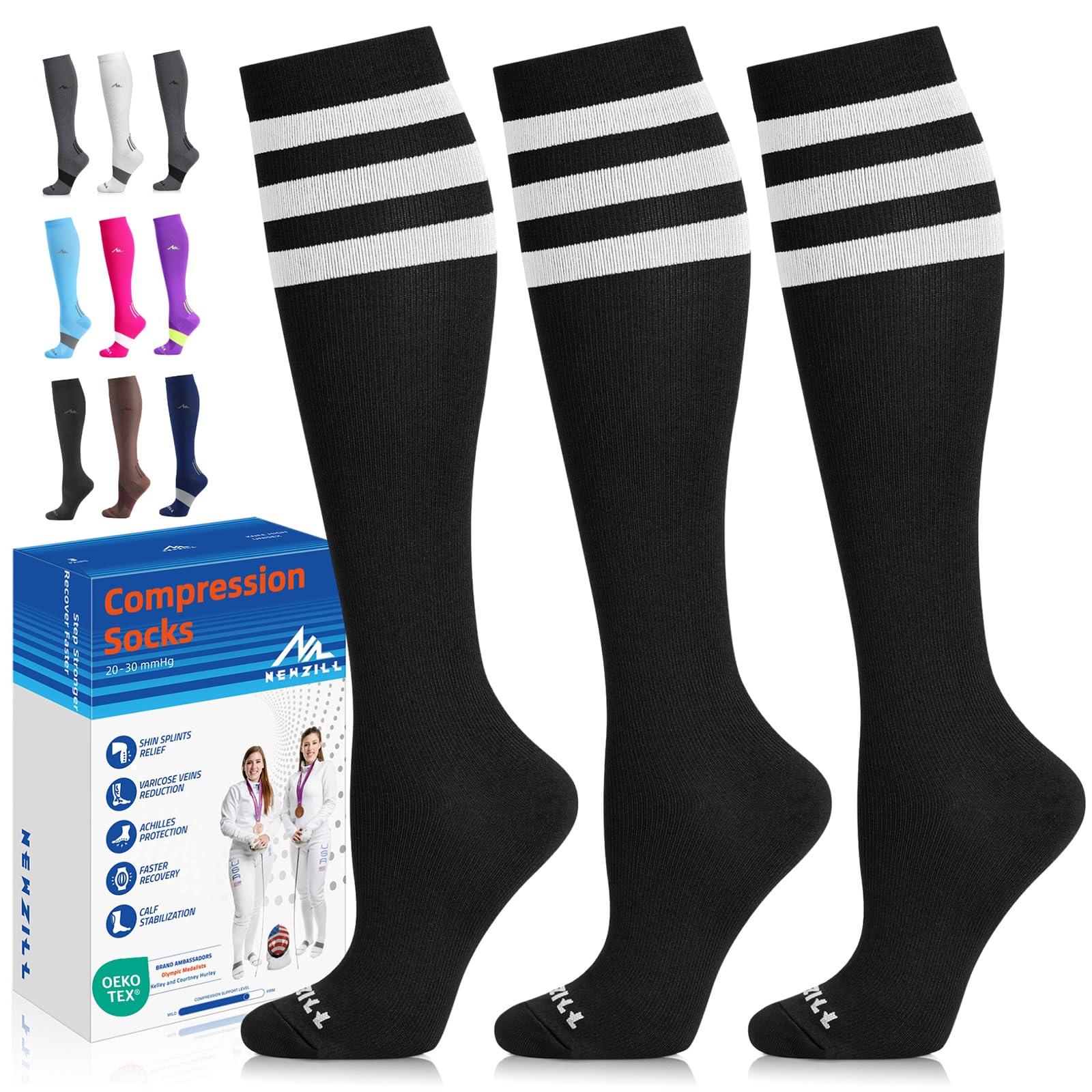 NEWZILL Medical Compression Socks for Women & Men Circulation 20-30 mmHg, Best for Running Athletic Hiking Travel Flight Nurses