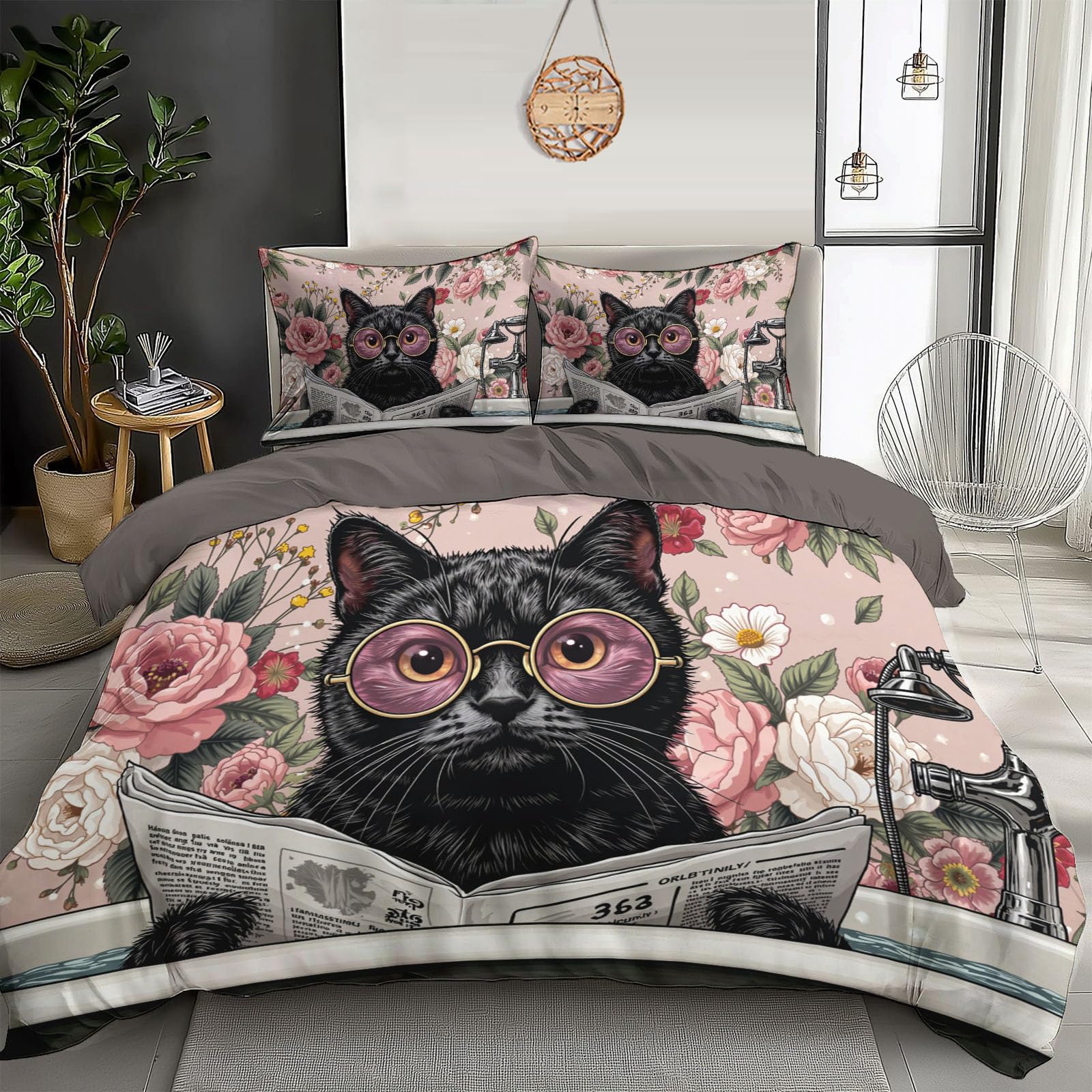 Housse de Couette Infroissable 140x200 Fine et Anti-Transpiration Motif Chat Mignon