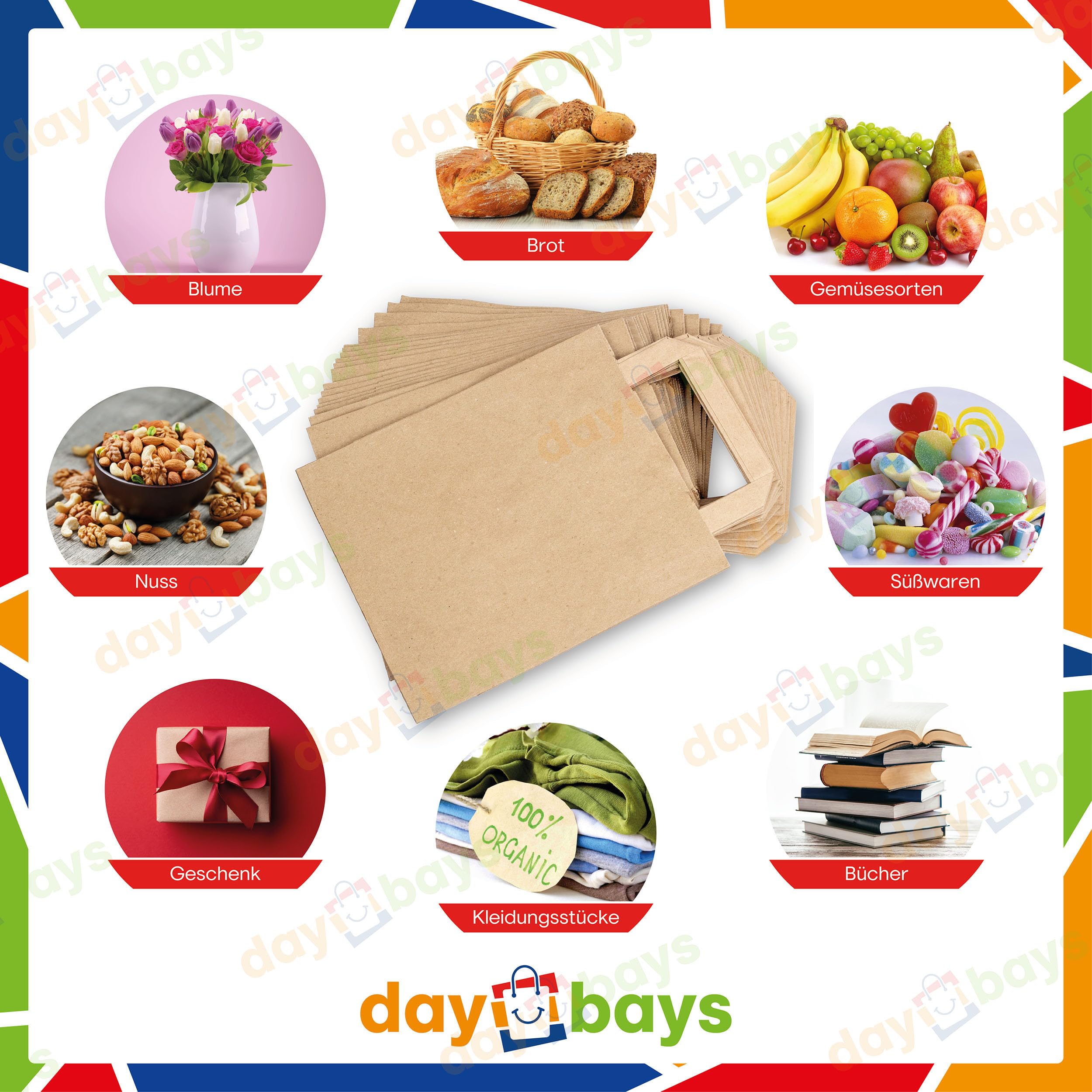 Daybays Papiertüten 18+8 x 22 cm Braun, 1000 Stk. Geschenktüten Papiertragetaschen mit Henkel aus Kraftpapier, Papiertaschen Geschenktüte Papiertüte klein (1000)