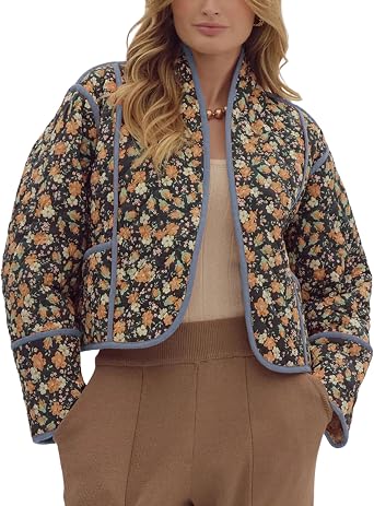 Omoone Womens Cropped Floral Reversible Quilted Jacket Cardigan Printed Lightweight Open Front Padded Puffer Coat