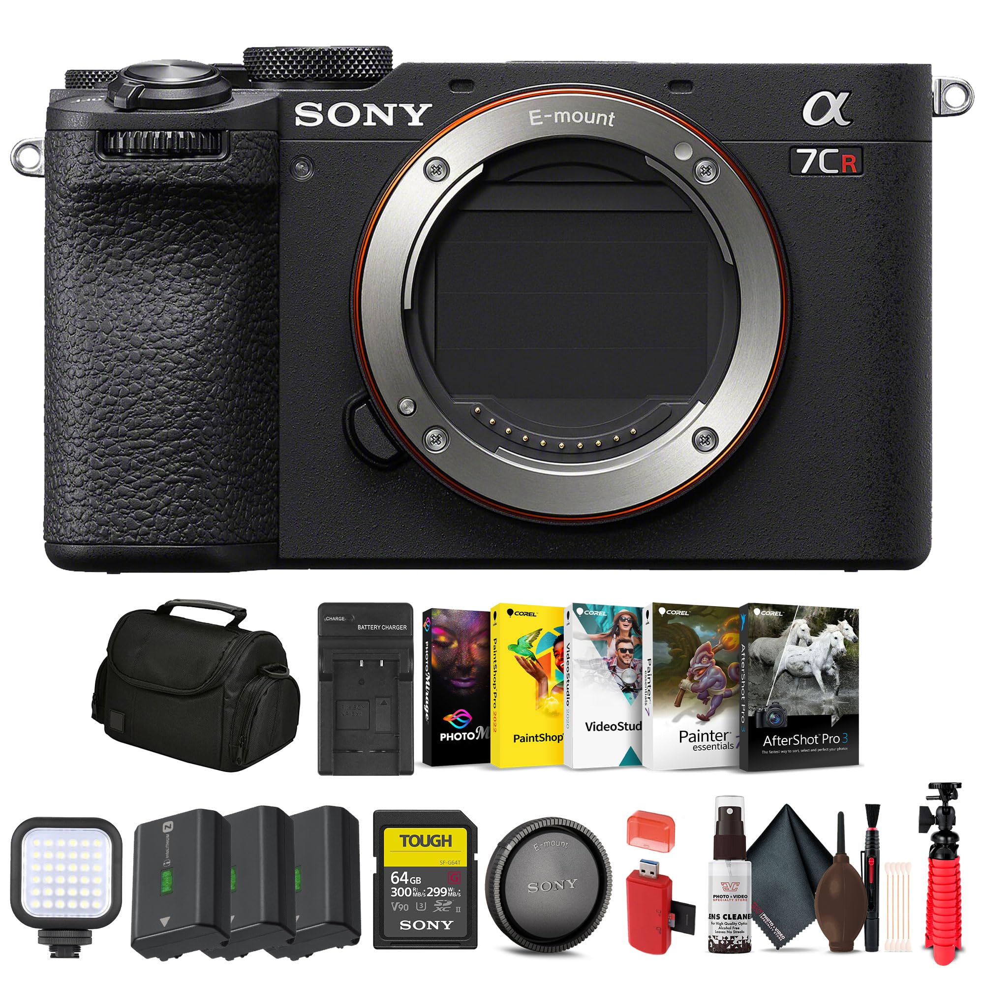 Sony Alpha 7CR Mirrorless Full-Frame Interchangeable Lens Hybrid Camera (ILCE-7CR/B) + 64GB SF-G Tough Card + Camera Bag + 2 x NP-FZ100 Compatible Battery + Corel Software + External Charger + More