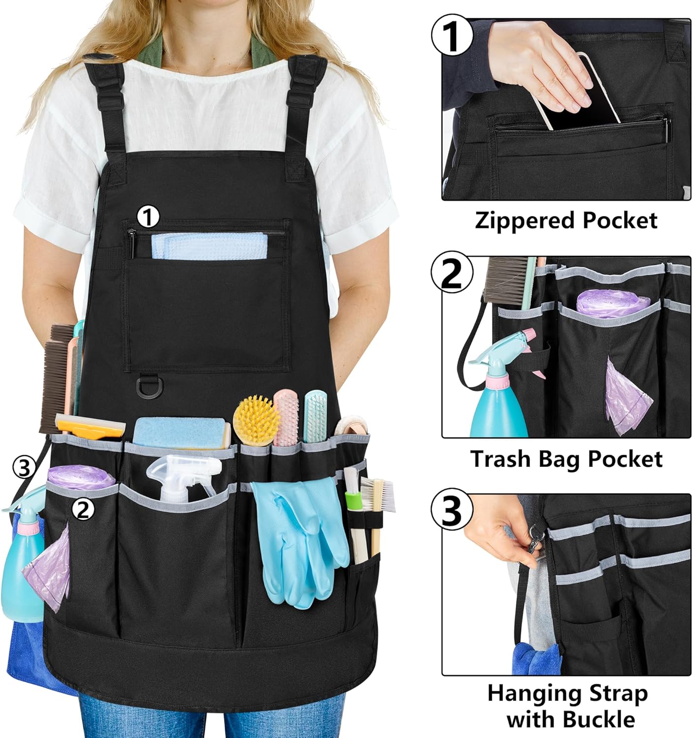 Rexmica Professional Cleaning Apron for Housekeeping, Water-resistant Cleaning Apron with Multiple Pockets for Women and Men, Adjustable Waist Apron for Cleaning Work Tools, Black