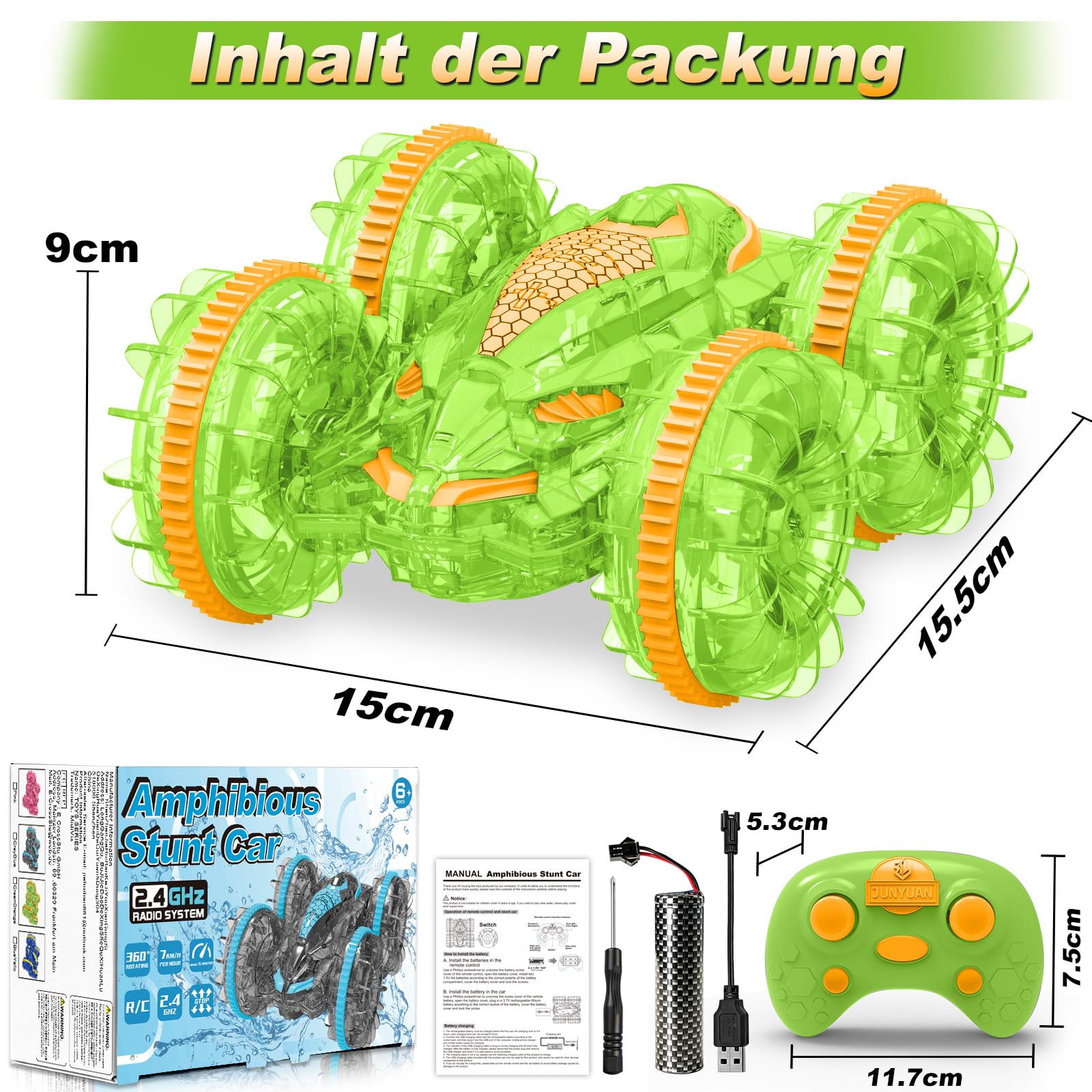 MidiVix Macchina anfibia telecomandata, 90 minuti di gioco, 2,4 GHz, double-face, con luce LED, rotazione a 360°, piscina e attività all'aperto, regalo per bambini da 6 a 12 anni, verde e arancione