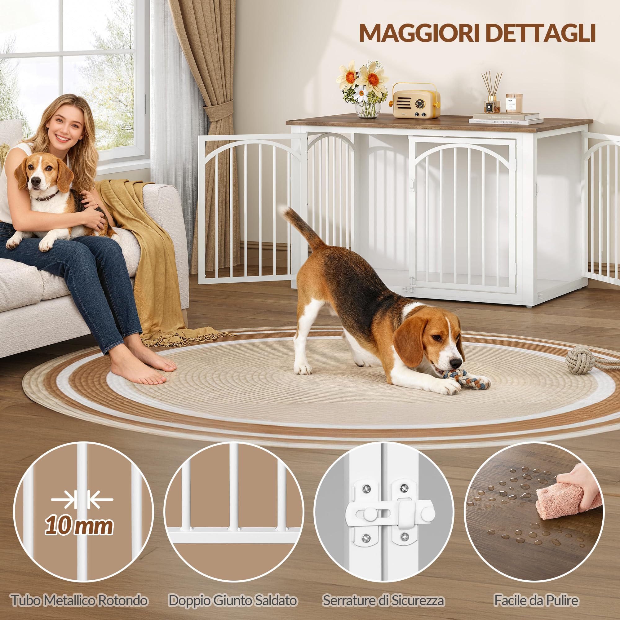 Jaula para Perros, 100cm Jaula Mueble para Perro con 4 Puertas, Casa Madera Perro, Mesa Auxiliar, Casa Interior Perros, Perros Pequeños y Medianos, 100 x 60 x 63 cm, Marrón y Bianco
