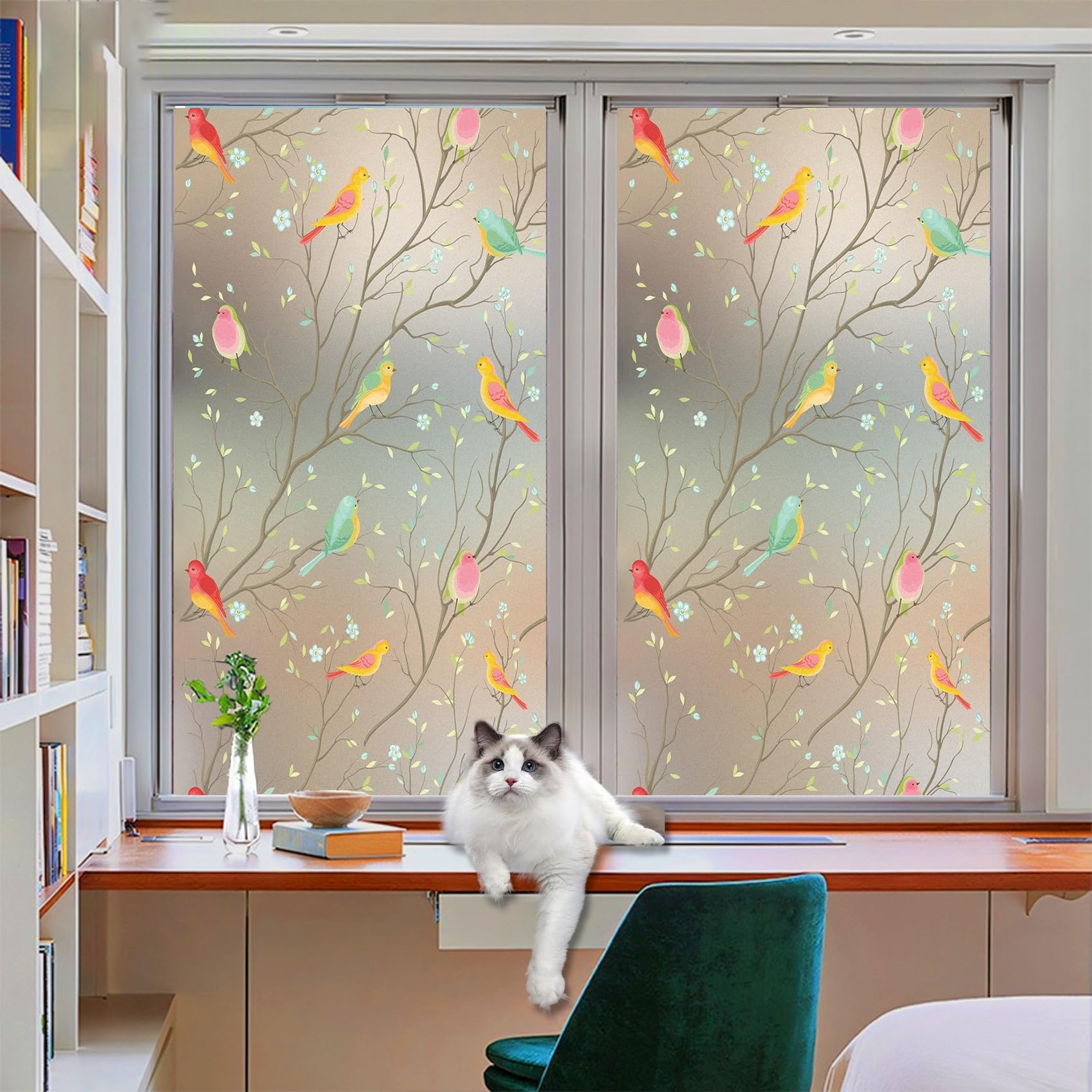 Frosted Window Film 65 x 110 cm, Light Blocking, Daytime Privacy Decorative, Removable Reusable, Light Blocking Static Window Clings, Birds and flowers