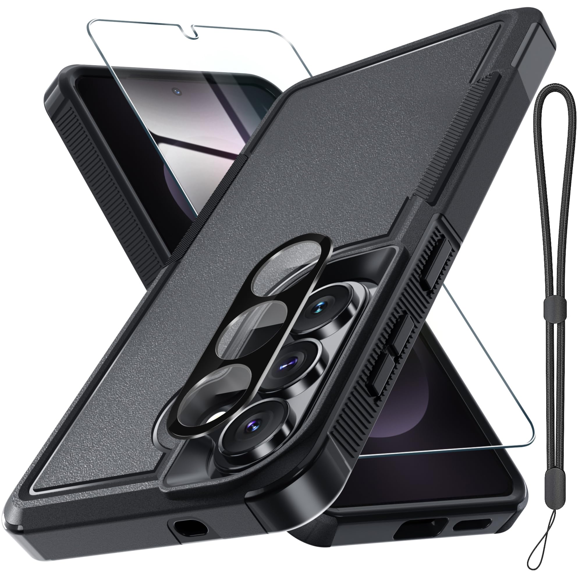 for Samsung Galaxy S26 Case with Screen Protector+Camera Lens Cover,Military Grade Heavy Duty Shockproof Phone Cover with Wrist Lanyard Strap for Samsung S26,Black Matte