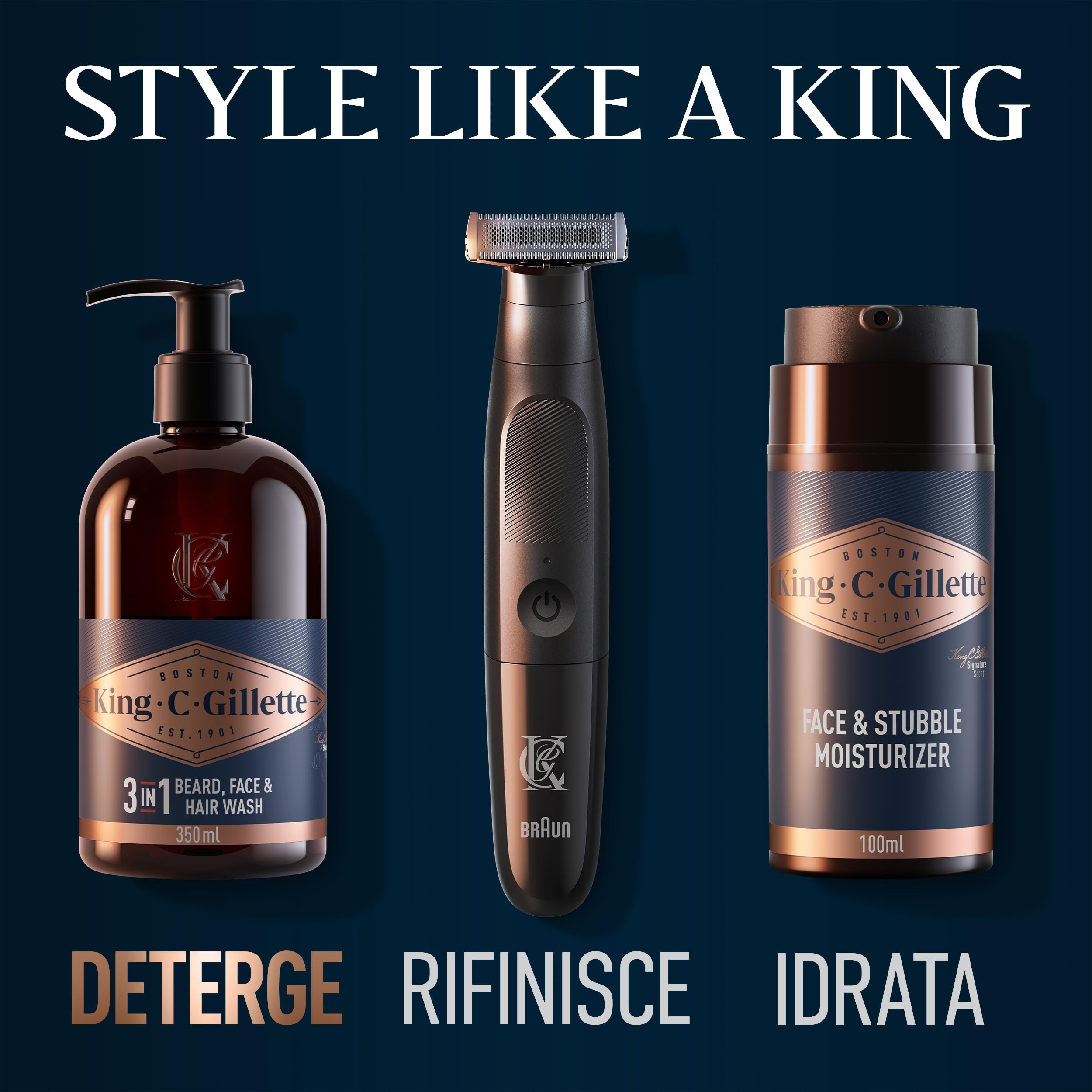 King C. Gillette Detergente Viso Uomo 3 in 1, Sapone Barba, Viso e Capelli, Pulizia e Freschezza, Profumazione King C., Cura della Barba, Idea Regalo Uomo