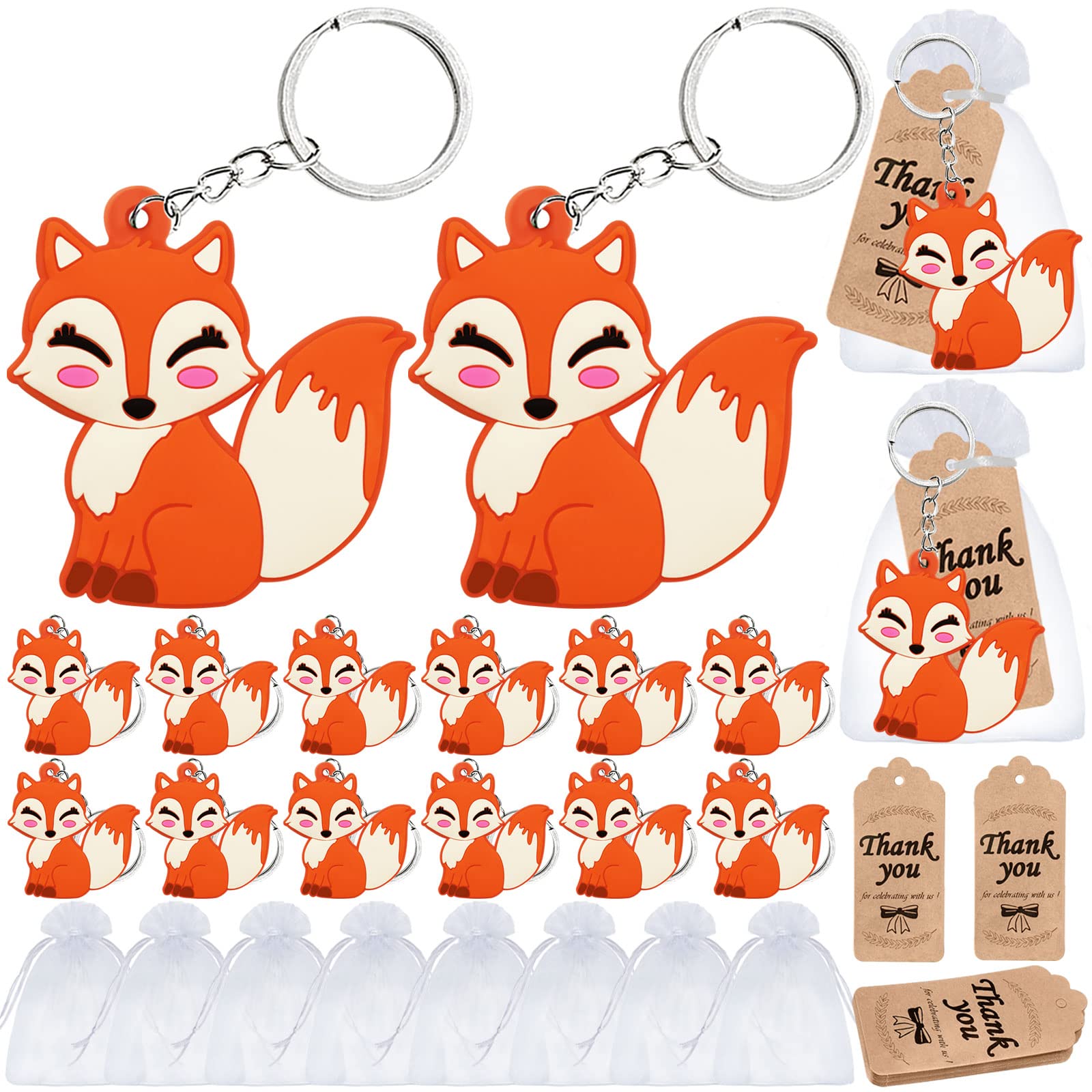 ElecrainbowElecrainbow 60 Pack Fox Party Favors Include 20 Fox Keychains, 20 Thank You Tags, 20 Gift Bags for Woodland Party, Camp Baby Shower, Stay Clever Themed Kids Birthday, Wild ONE First Birthday