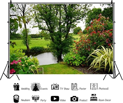 Miniatura 3 de CSFOTO Telón de fondo de jardín de 7 x 5 pies para primavera, picnic al aire libre, campo de fotografía, campos, árboles, parque, río, primavera,