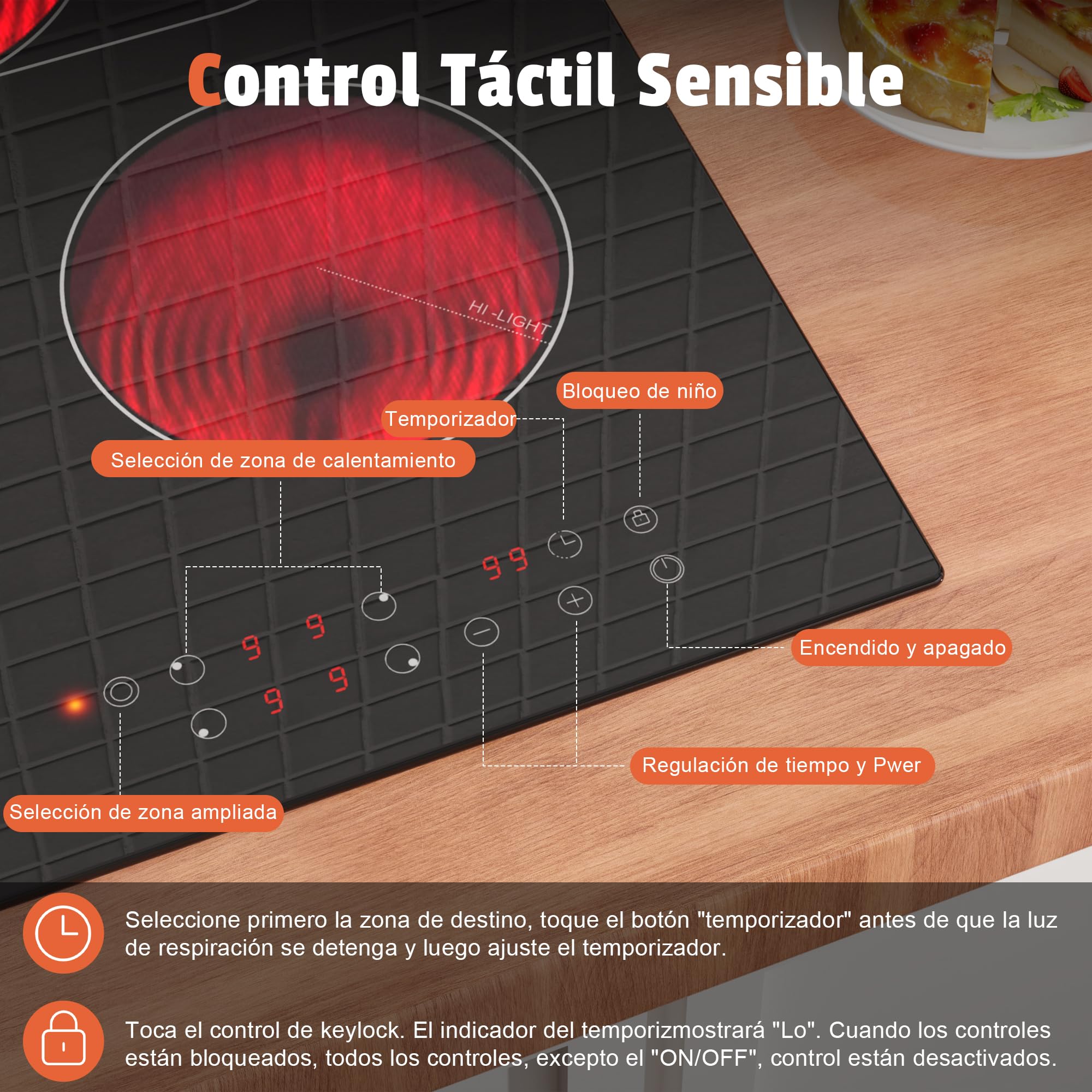 Karinear Placa Vitrocerámica 4 Fuegos, 60cm Placa Cocina con a Ampliar Placa Cocción Eléctrica, Vitroceramica Encastrable 6600W, Control Temporizador, Sin Enchufe | Vitroceramica Encastrable 6600W, Temporizador, Bloqueo de Seguridad Para Niños, Ampliación