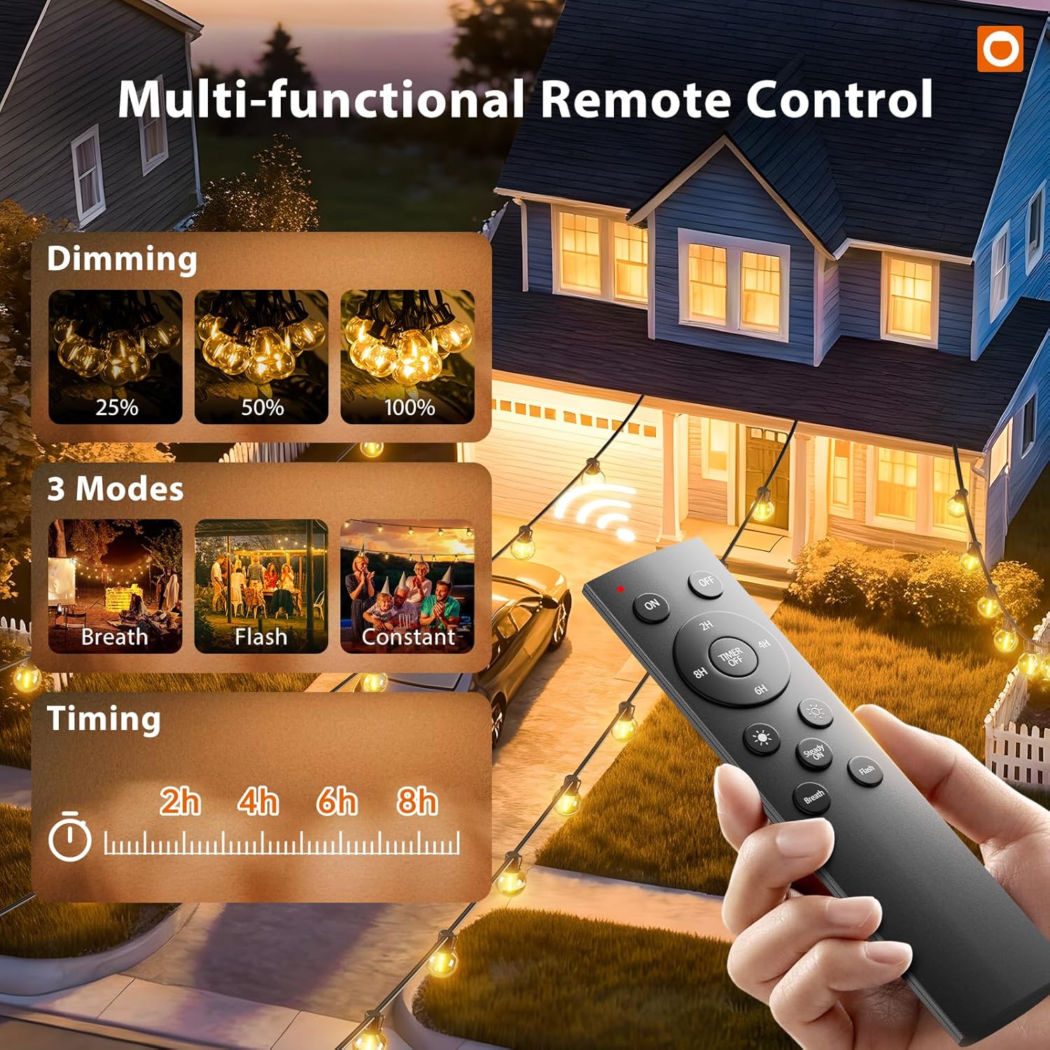 Hand holding a remote control for addlon string lights, showing dimming, mode, and timing options.