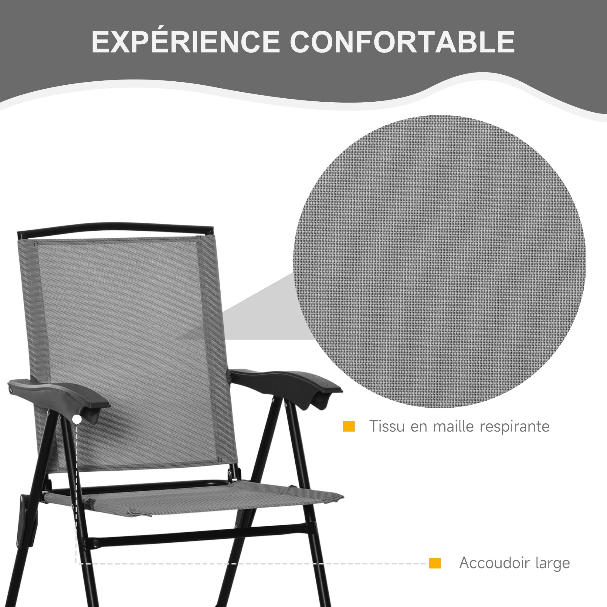 Outsunny Ensemble de Jardin 3 pièces 2 chaises inclinables Multi-Positions Pliables + Table Ronde Verre trempé métal textilène Gris