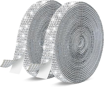 Phinus 2 Rolls Rhinestone Ribbon, 0.4 in 5 Rows Self Adhesive Rhinestone Strips, 6-Yards Crystal Rhinestone Diamond Bling Tape for Cups, Clothes, Belts, Bouquet, Crafting DIY Art Decoration Silver