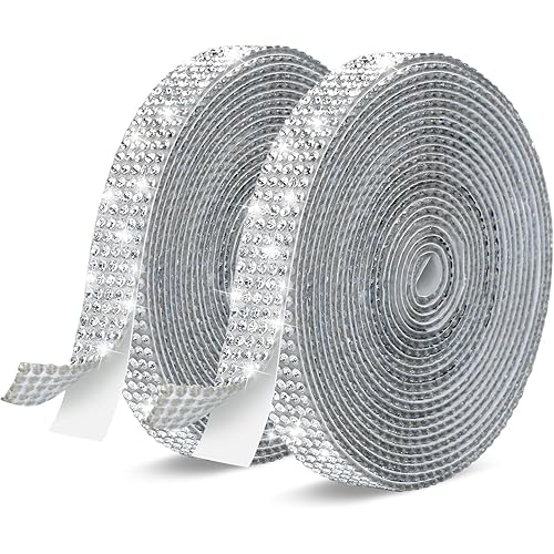 Phinus 2 Rolls Rhinestone Ribbon, 0.4 in 5 Row Self Adhesive Rhinestone Strips, Bling Tape for Crafting DIY Art Decoration, 6 Yards Totally (Silver)